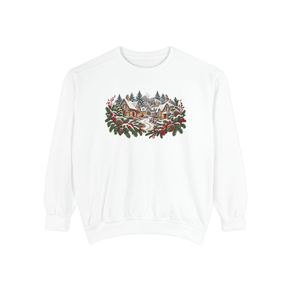 Vintage Christmas village sweatshirt in White, a garment-dyed Comfort Colors 1566 crewneck with snowy cottages, pinecones and red berries