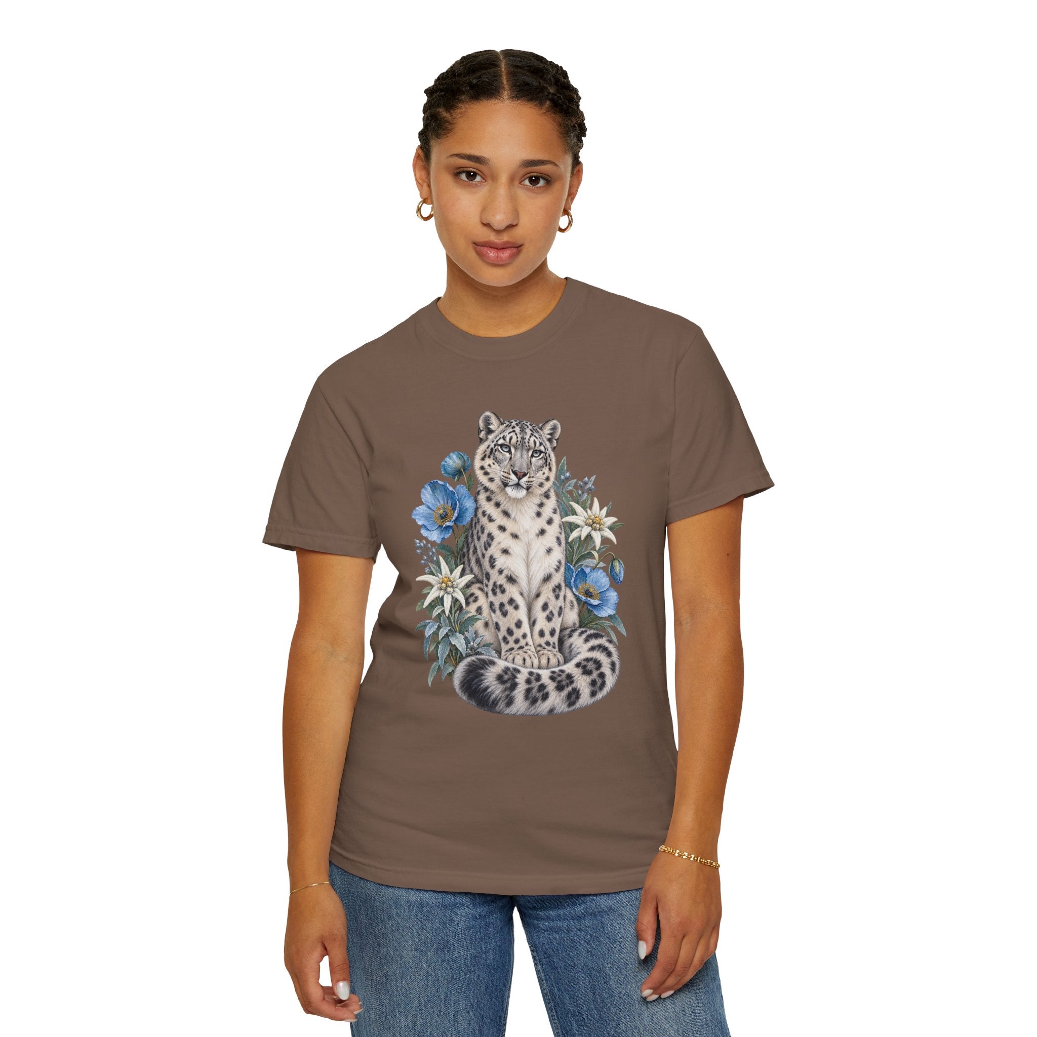 Snow Leopard & Blue Poppy T-Shirt — close-up of the botanical artwork