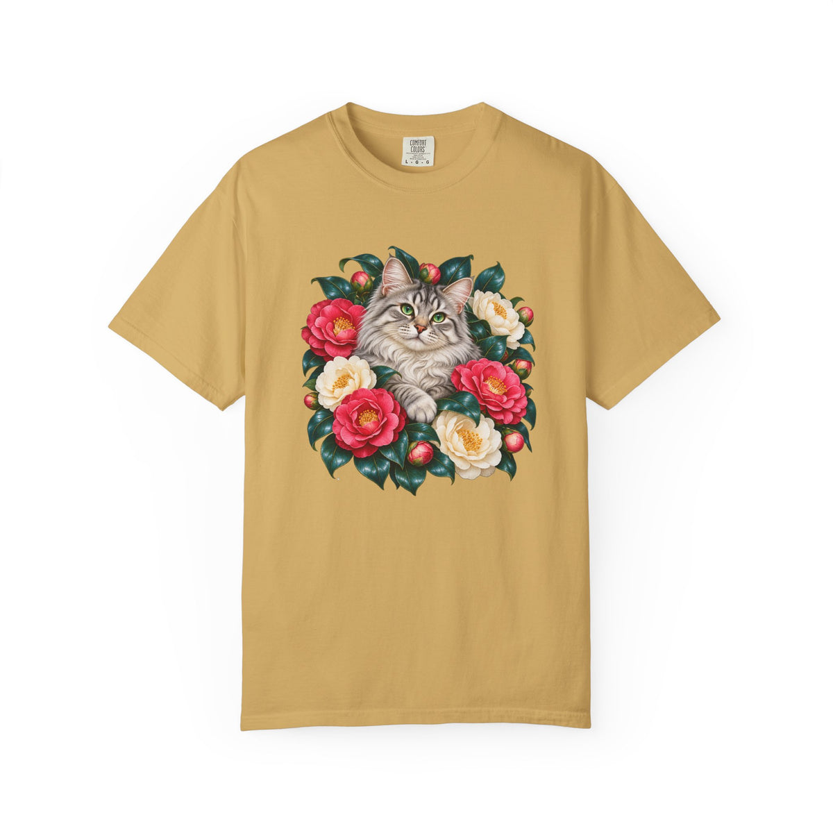 Silver tabby cat and camellia wreath design on a relaxed unisex garment-dyed tee, adult sizes S to 4XL