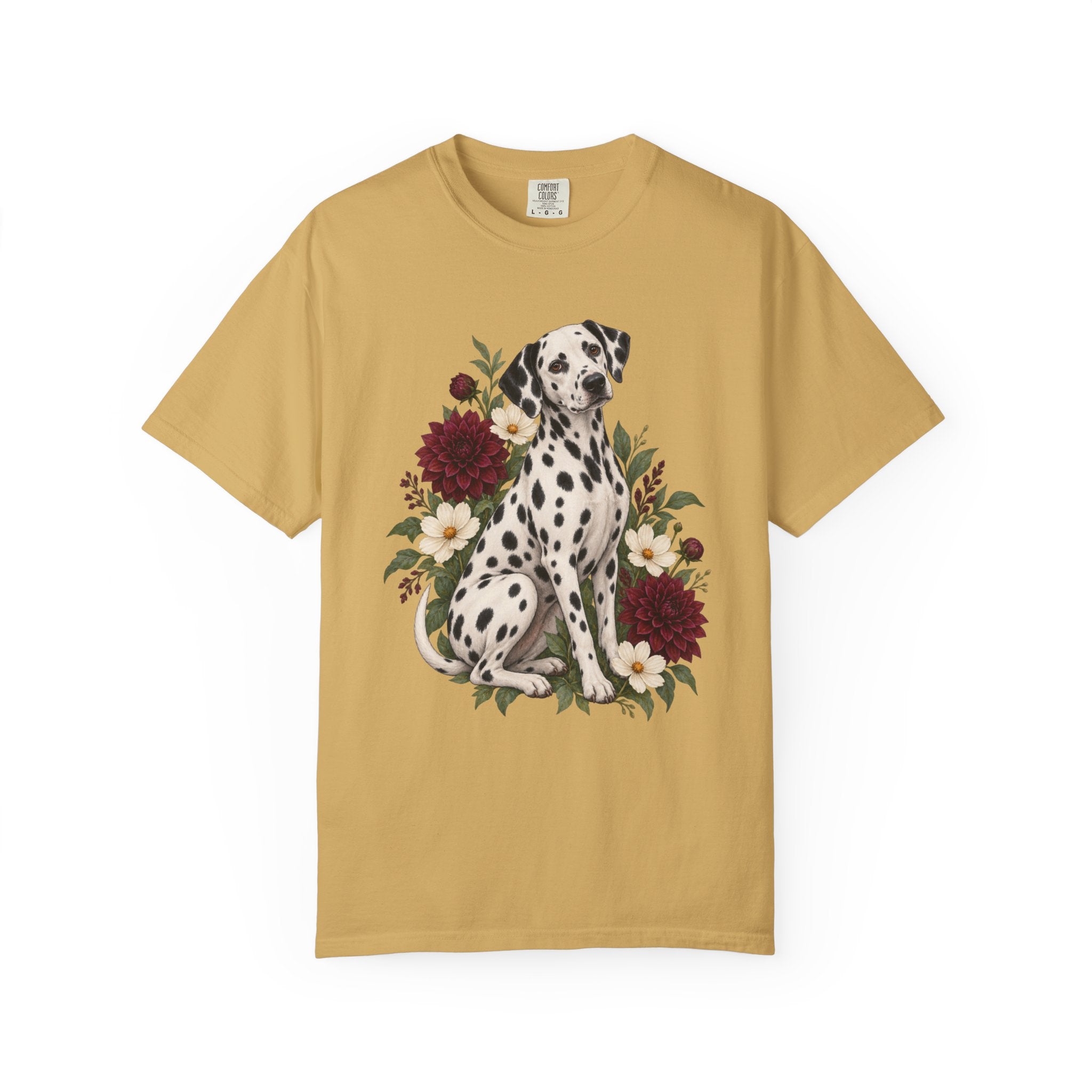 Dalmatian & Dahlia T-Shirt — relaxed unisex fit, front view