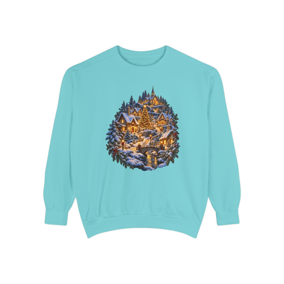 Small town Christmas sweatshirt in Chalky Mint, a pale soft mint garment-dyed Comfort Colors 1566 crewneck with a snowy hillside village and lit church