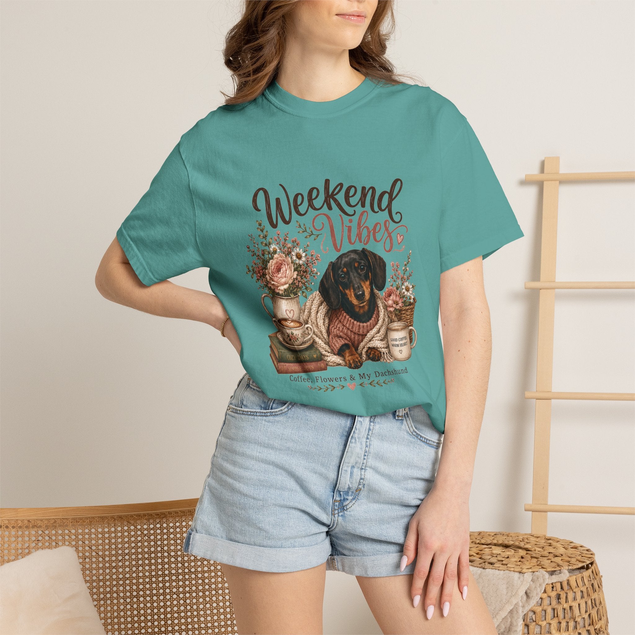 Weekend Vibes Dachshund Comfort Colors Shirt, Coffee Flowers Doxie Tee, Dachshund Mom Gift, Cozy Dog Shirt, Dog Lover Gift Her