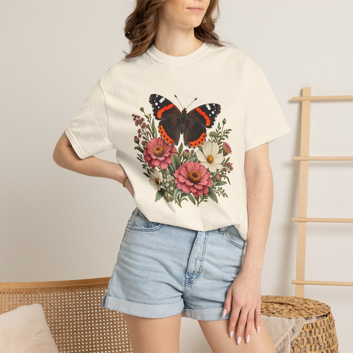 Red Admiral & Zinnia T-Shirt — Garment-Dyed Cotton