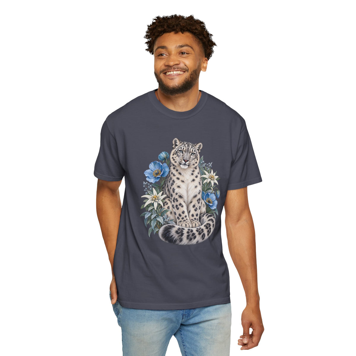 Snow Leopard & Blue Poppy T-Shirt — worn, front view