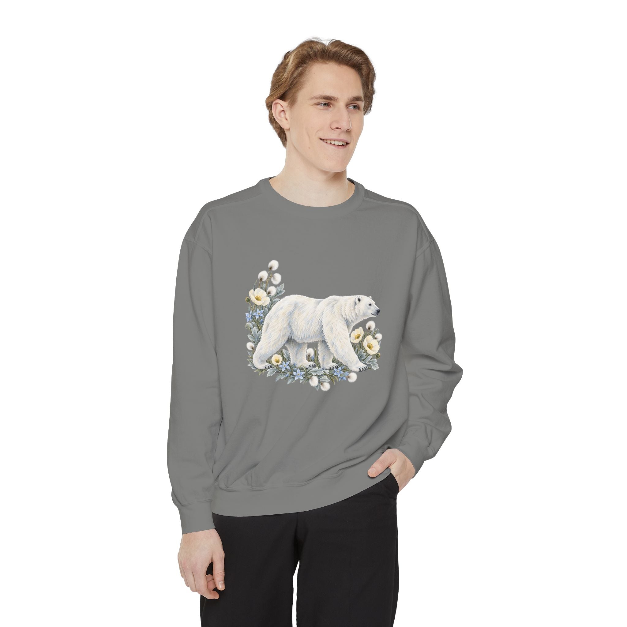 Polar Bear & Arctic Blooms Sweatshirt — Garment-Dyed Fleece