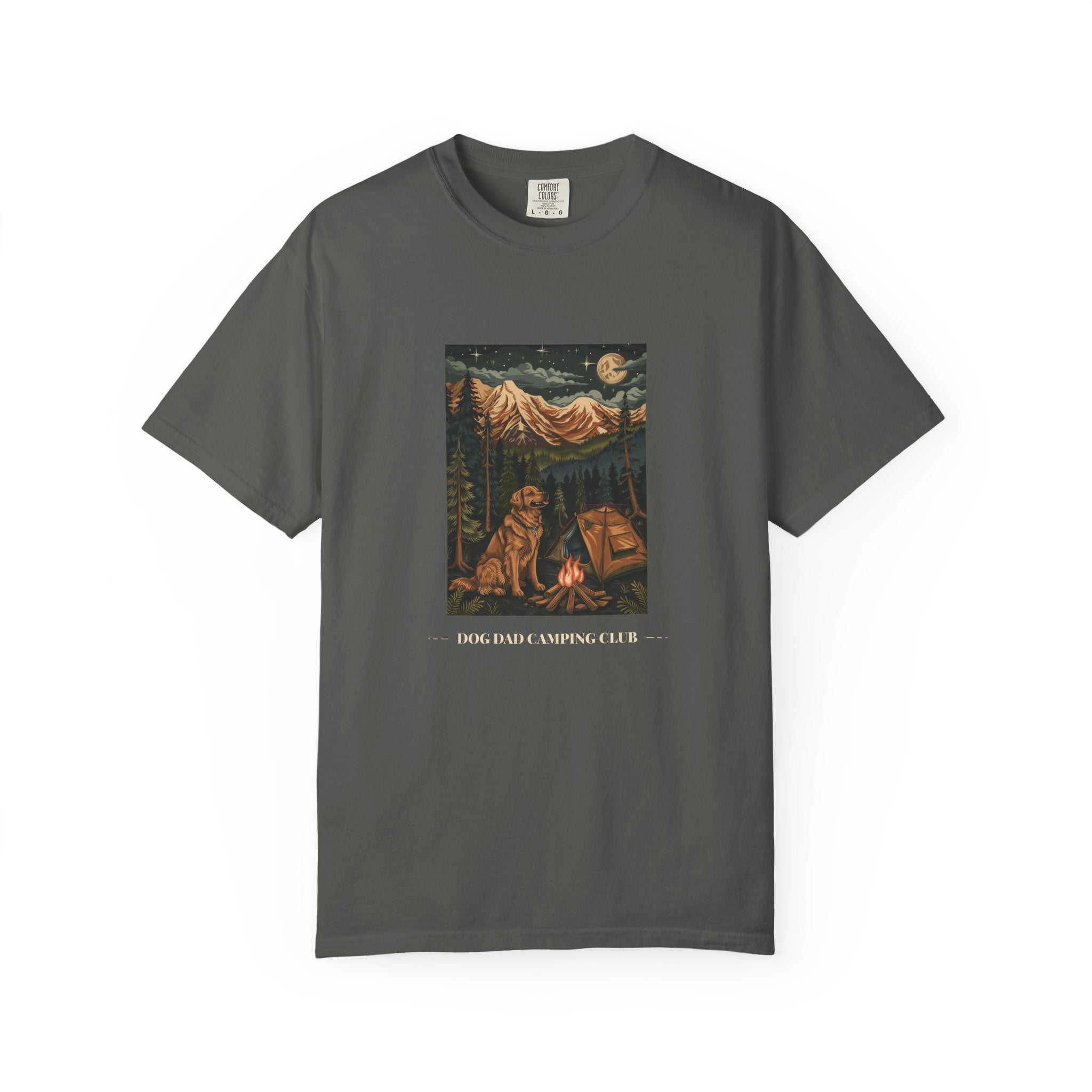 Dog Dad Camping Club Golden Retriever campfire shirt front view