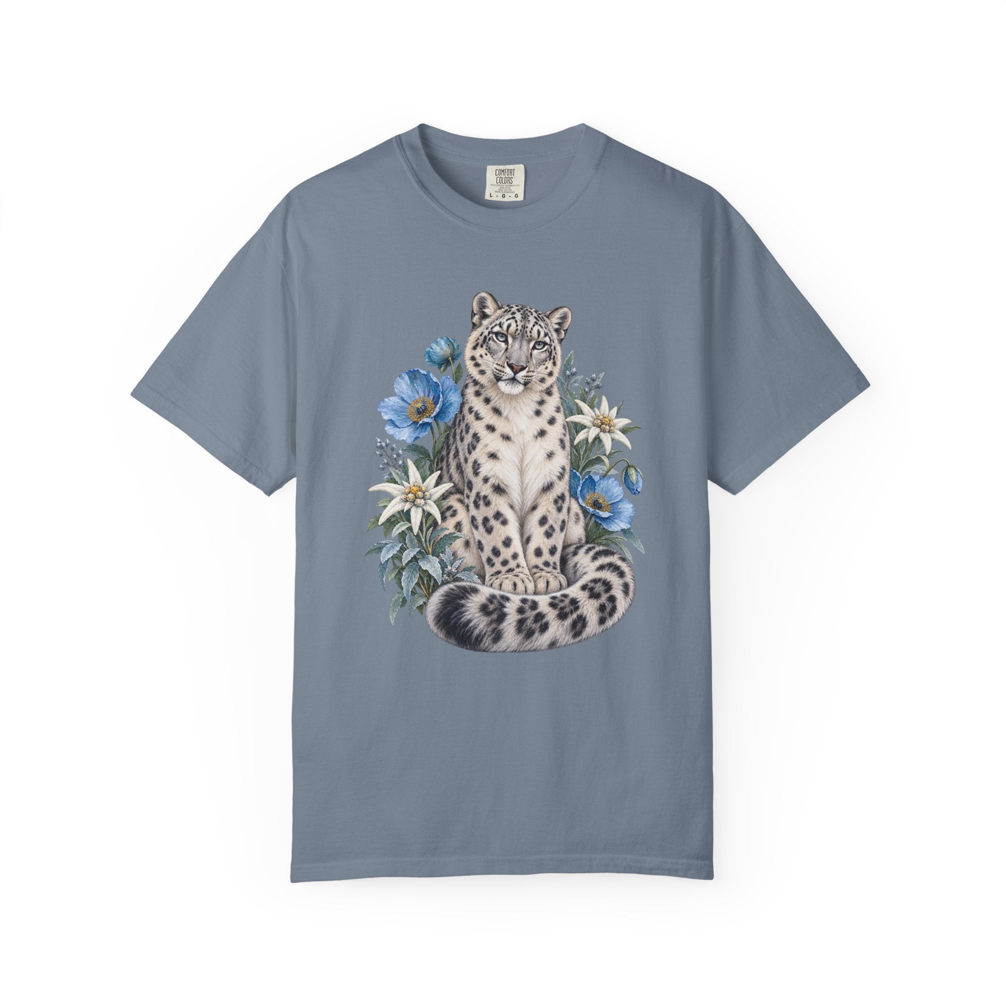 Snow Leopard & Blue Poppy T-Shirt — snow leopard botanical design, front view