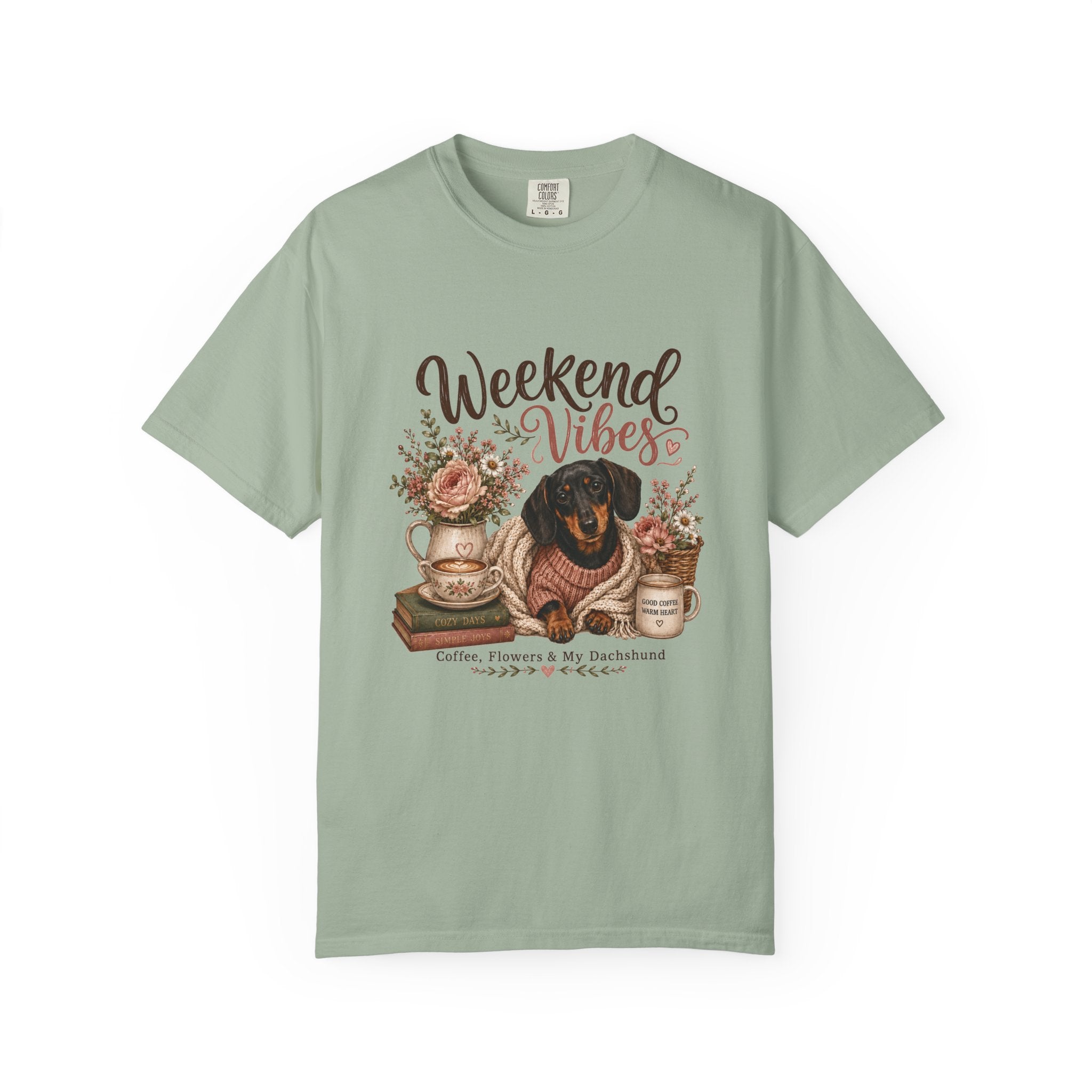 Weekend Vibes Dachshund Comfort Colors Shirt, Coffee Flowers Doxie Tee, Dachshund Mom Gift, Cozy Dog Shirt, Dog Lover Gift Her
