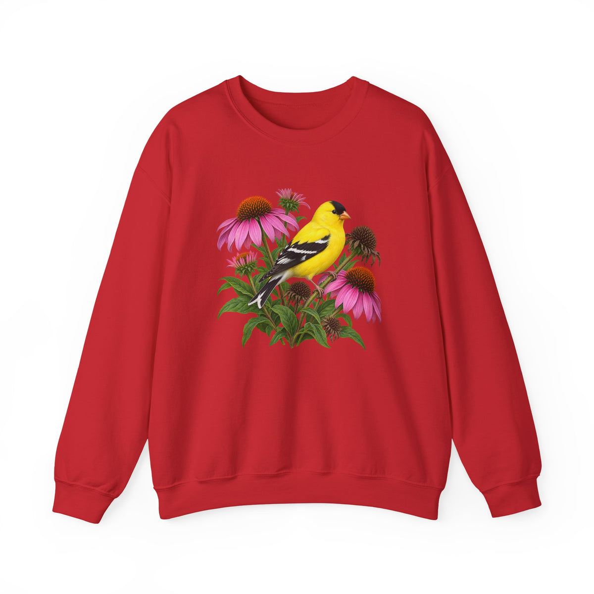 A Small Bright Thing crewneck sweatshirt, a golden-yellow American goldfinch among pink coneflowers, seed heads and green leaves, image 1 of 22