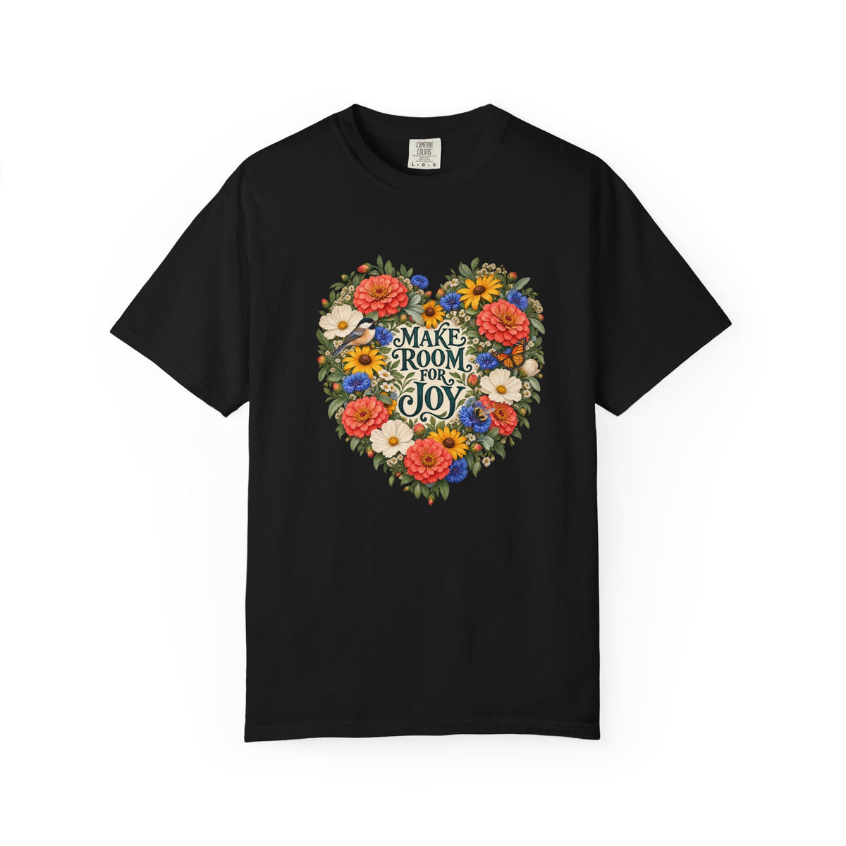 Make Room for Joy Floral T-Shirt - coral-red, golden yellow, cream daisy and small blue blooms ringing the words Make Room for Joy in decorative lettering