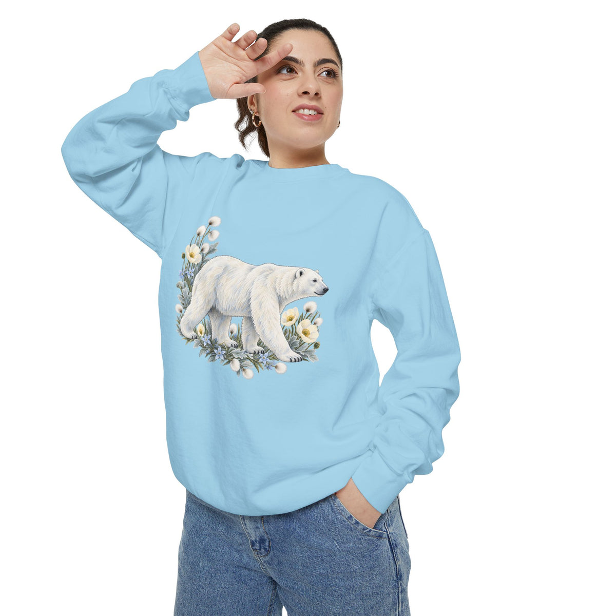 Polar Bear & Arctic Blooms Sweatshirt — Garment-Dyed Fleece