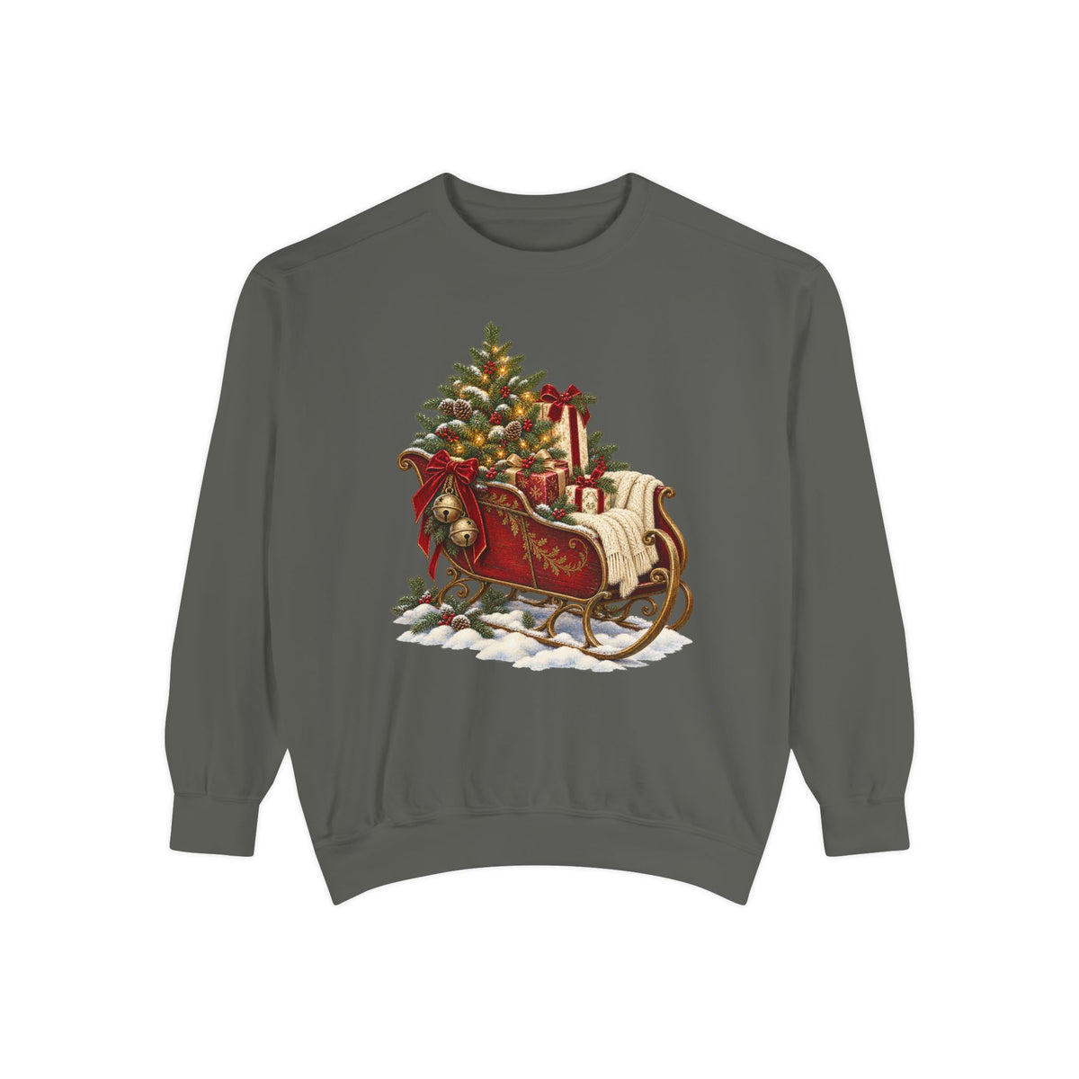 Vintage Christmas sleigh sweatshirt in Pepper, front view