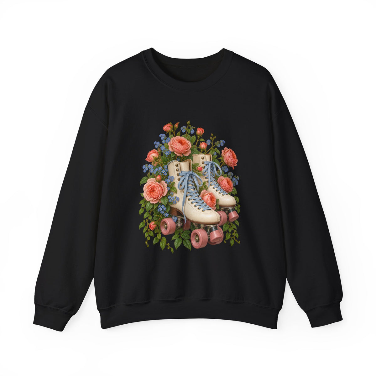 She Still Rolls crewneck sweatshirt, cream roller skates with blue laces and dusty pink wheels among coral roses, small blue flowers and trailing greenery, image 1 of 21