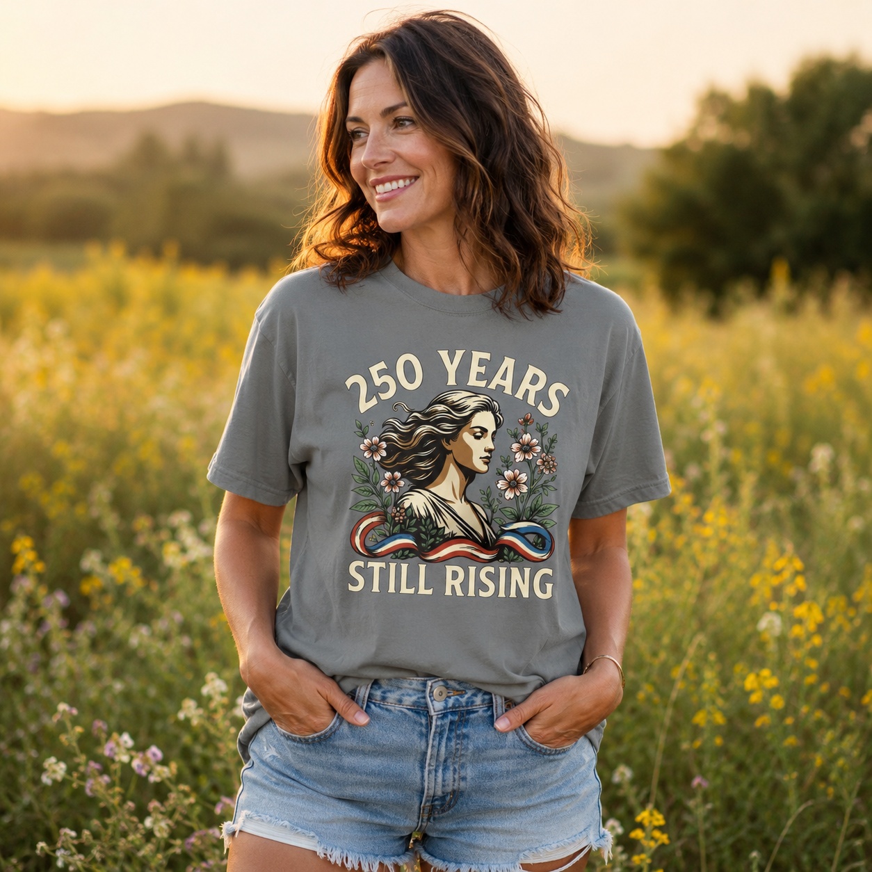 250 Years Still Rising – Patriotic Americana Wildflower Comfort Colors Tee