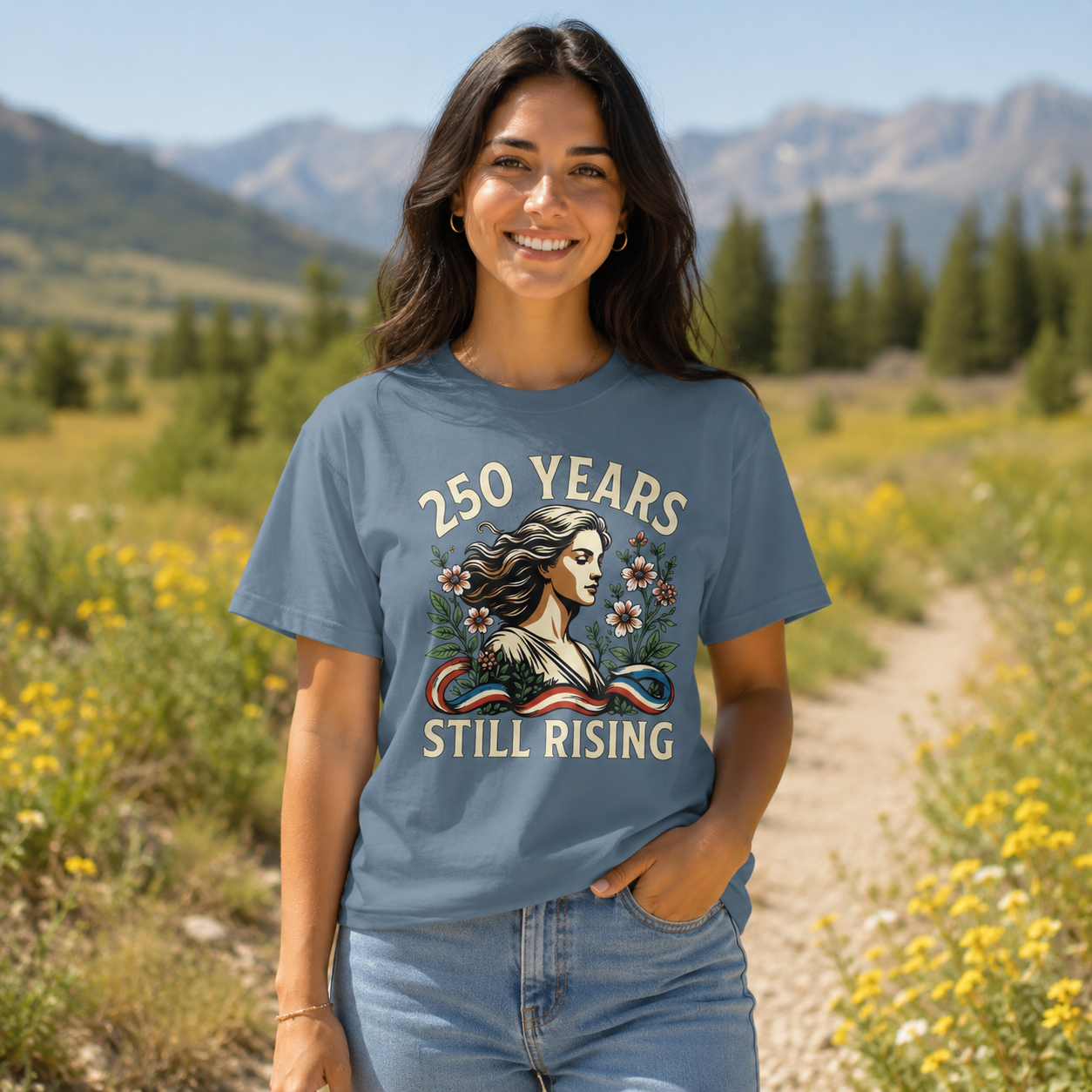 250 Years Still Rising – Patriotic Americana Wildflower Comfort Colors Tee