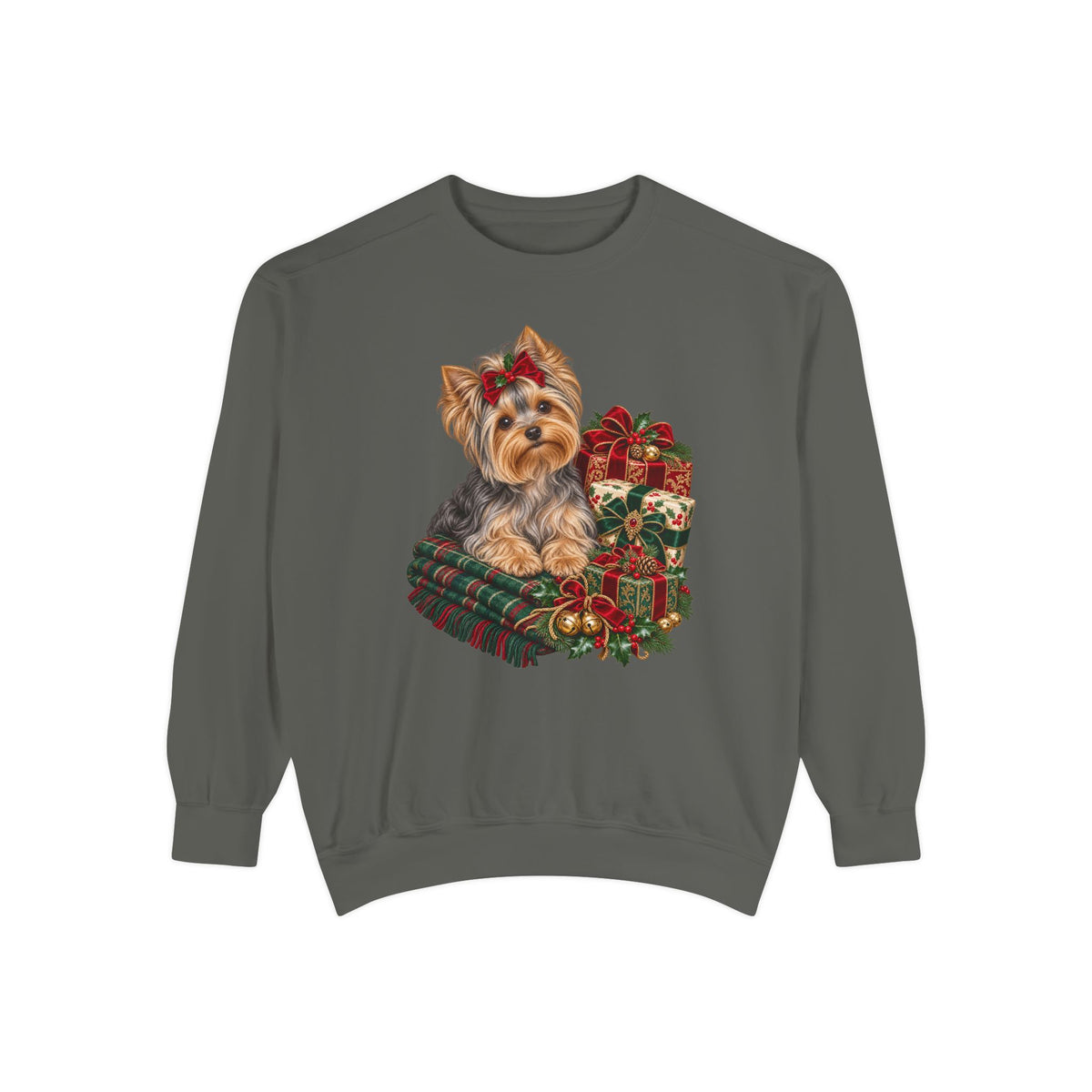 Yorkie Christmas sweatshirt in Pepper, front view