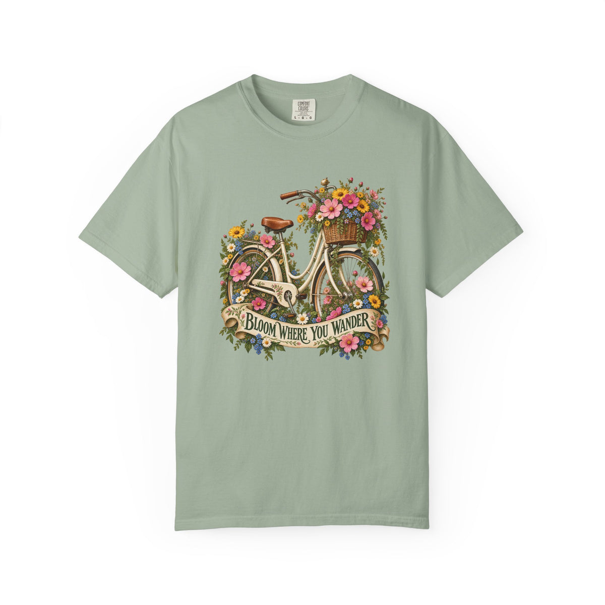 Bloom Where You Wander Floral Bicycle T-Shirt - a relaxed unisex garment-dyed tee carrying the bicycle and wildflower print across the chest