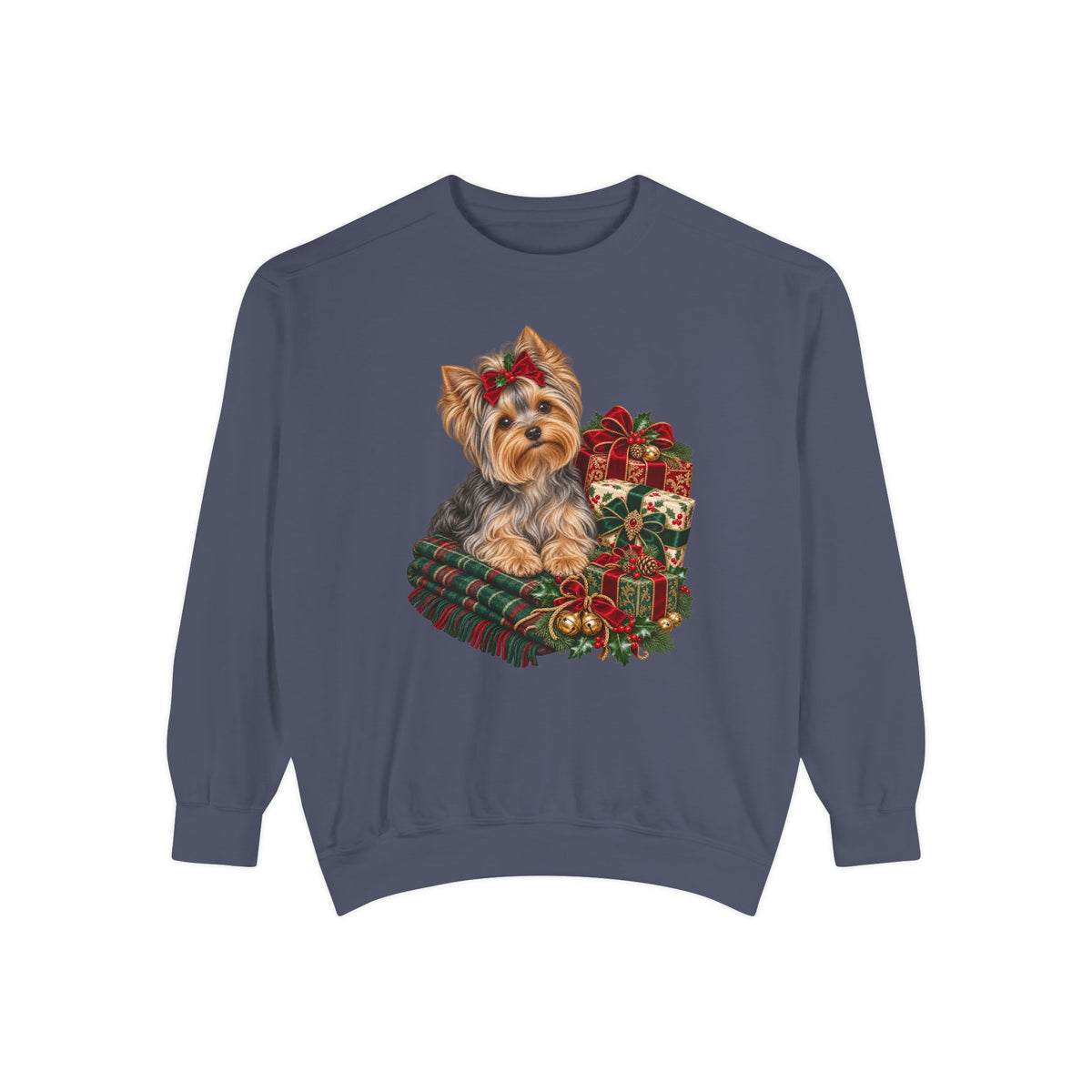 Yorkie Christmas sweatshirt in Denim, front view