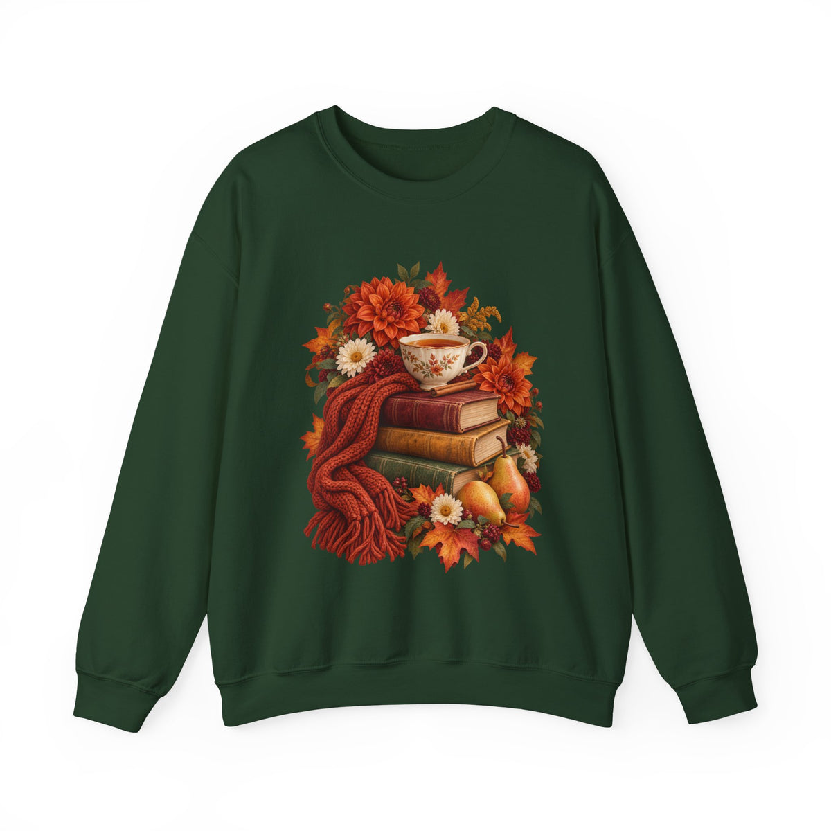 Just One More Chapter crewneck sweatshirt, a floral teacup resting on a stack of vintage books with pears, autumn flowers and a rust-colored scarf, image 5 of 14