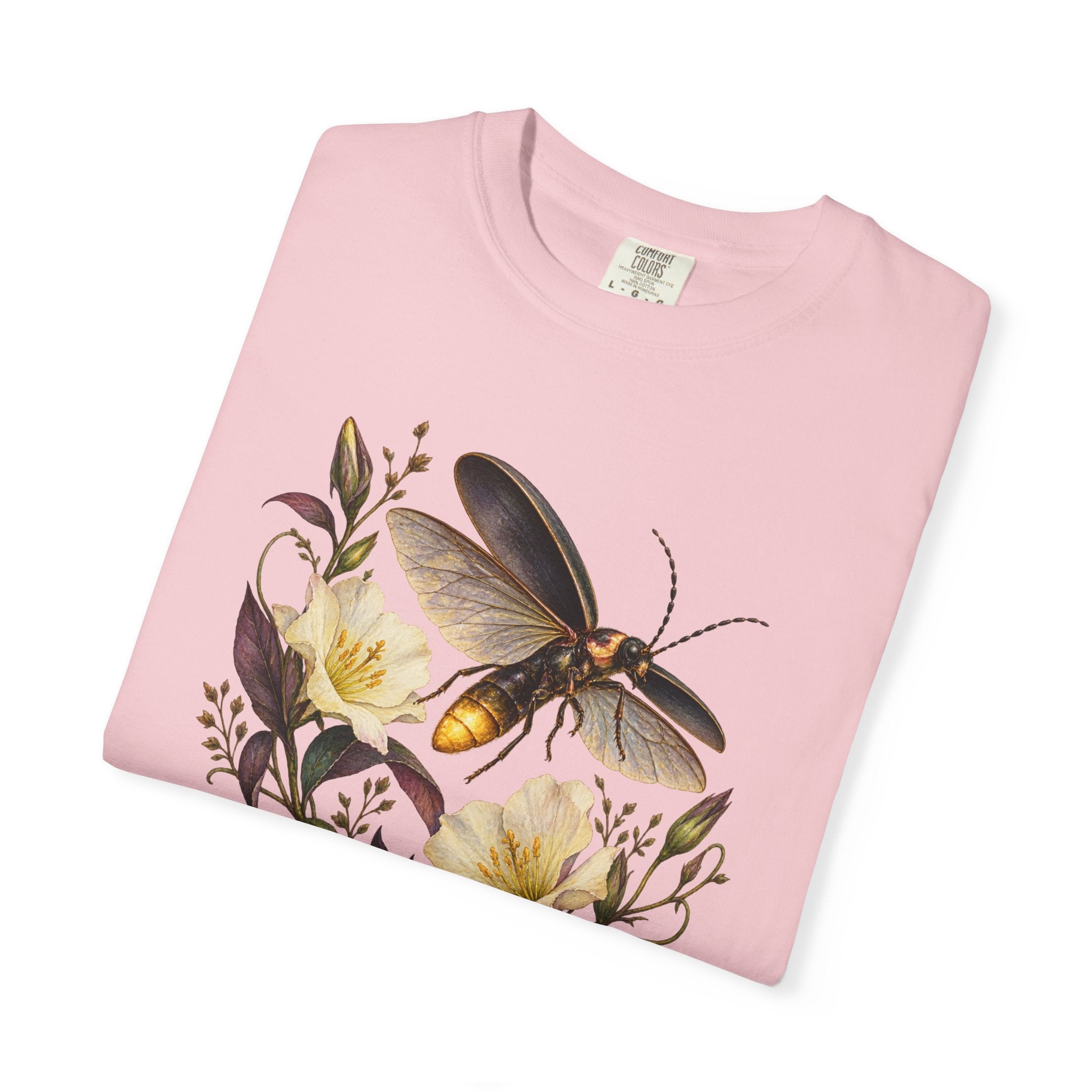 Firefly & Evening Primrose T-Shirt — close-up of the firefly artwork