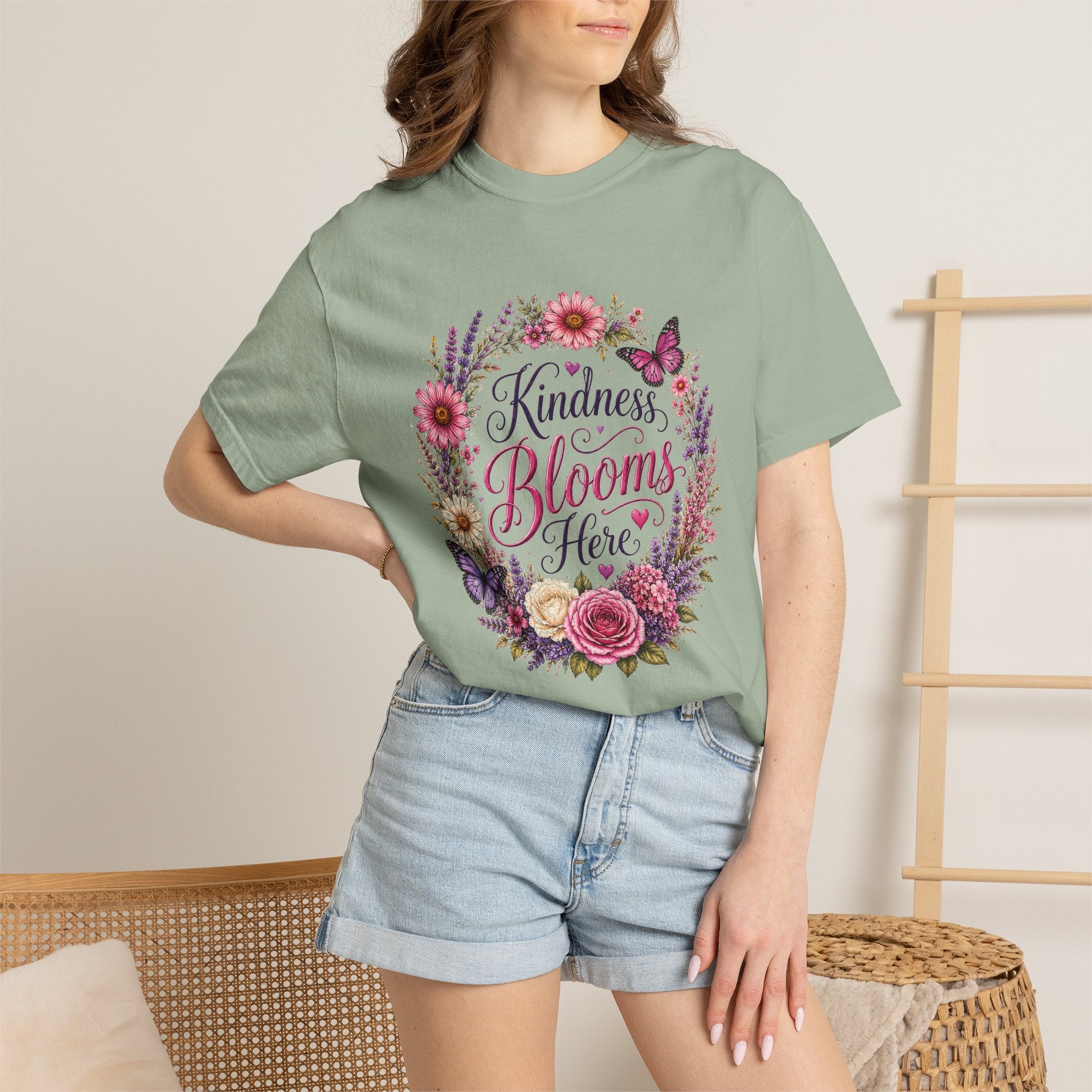 Kindness Blooms Here butterfly wreath tee alternate color