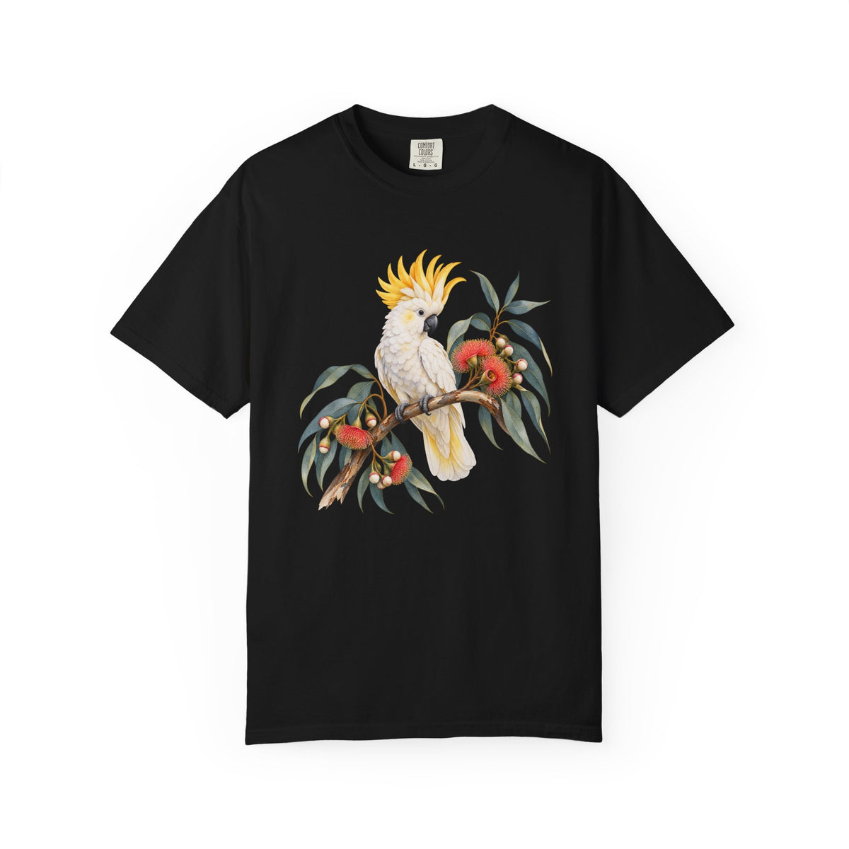 Cockatoo & Gum Blossom T-Shirt — heavyweight garment-dyed cotton, sizes S to 4XL
