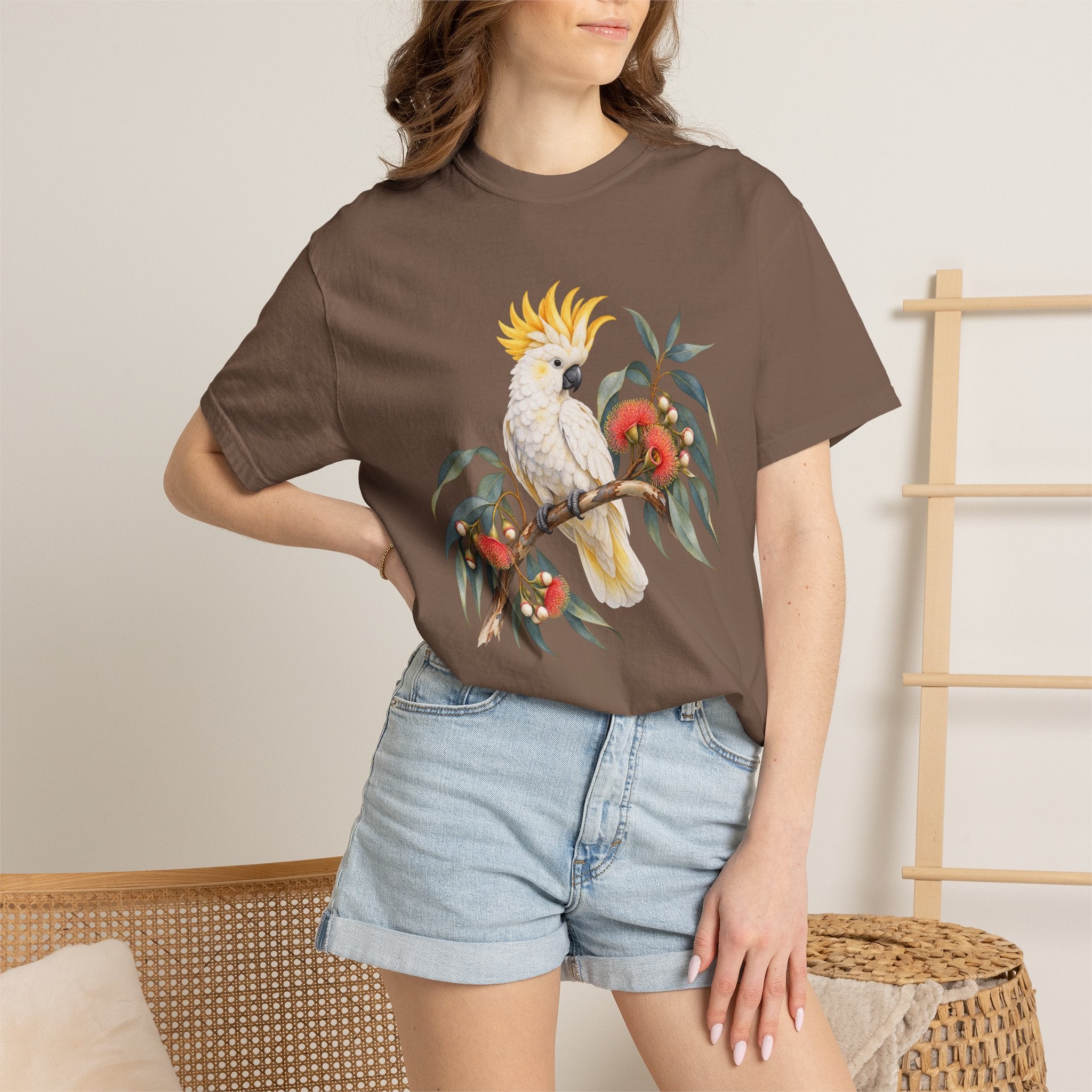 Cockatoo & Gum Blossom T-Shirt — white cockatoo illustration on dark cotton