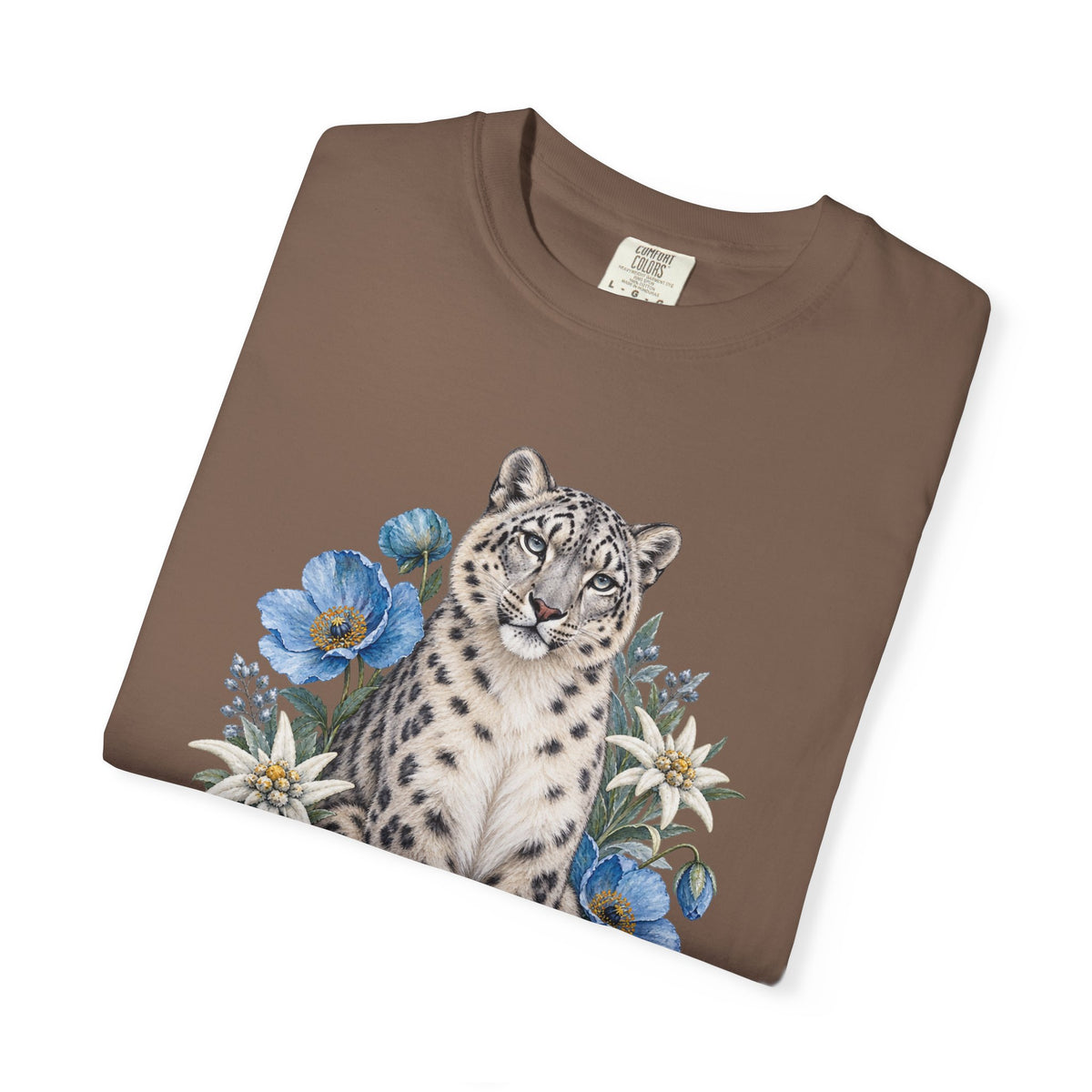 Snow Leopard & Blue Poppy T-Shirt — detail of the snow leopard and blue poppy artwork