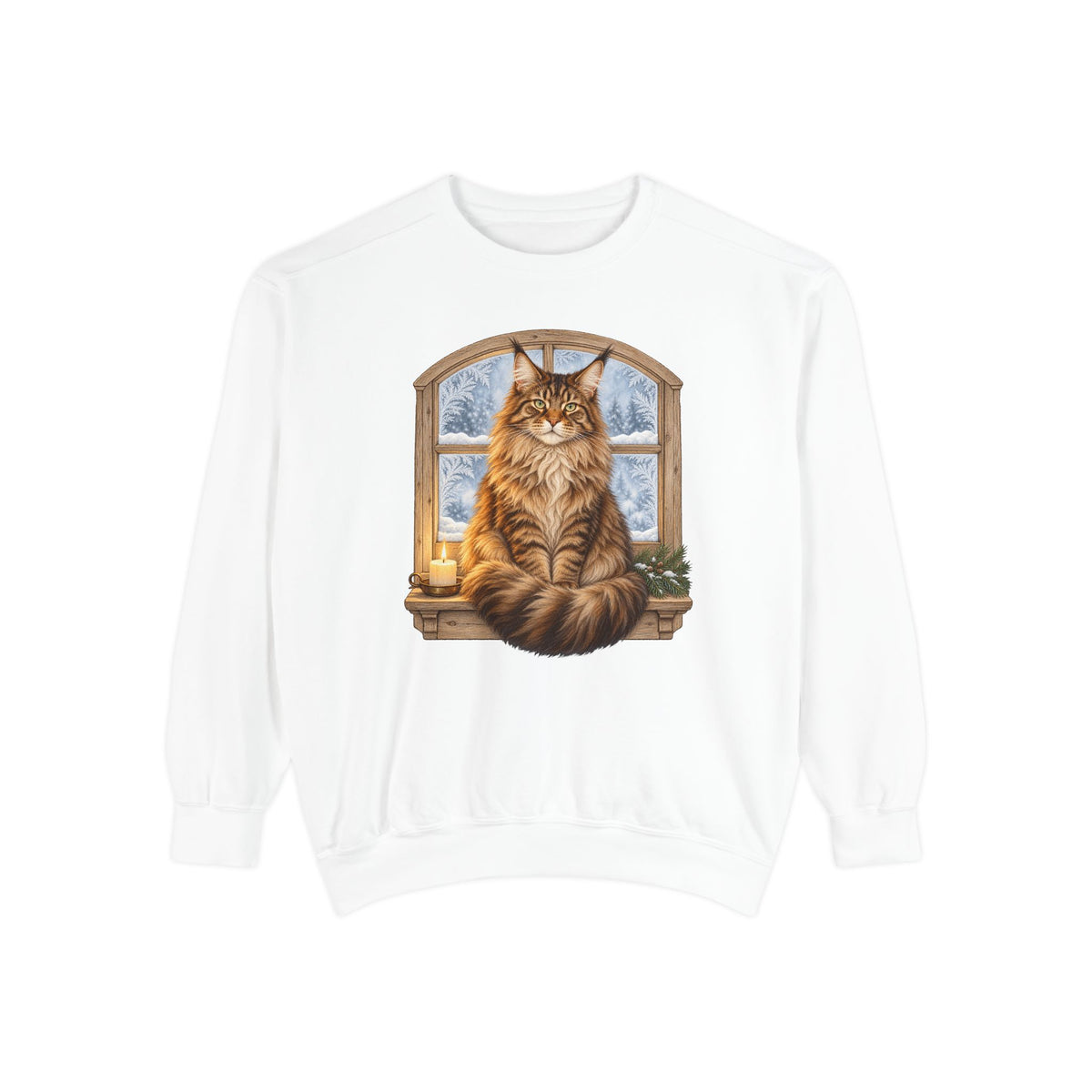 Maine Coon at the window sweatshirt in White, front view