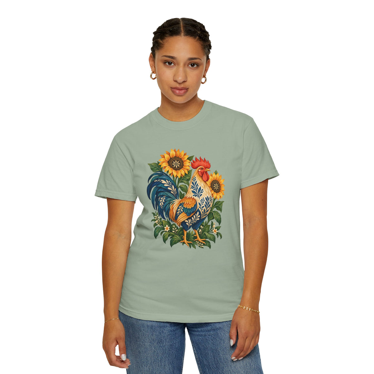 First One Up — Folk Art Rooster & Sunflowers T-Shirt, garment-dyed Comfort Colors cotton