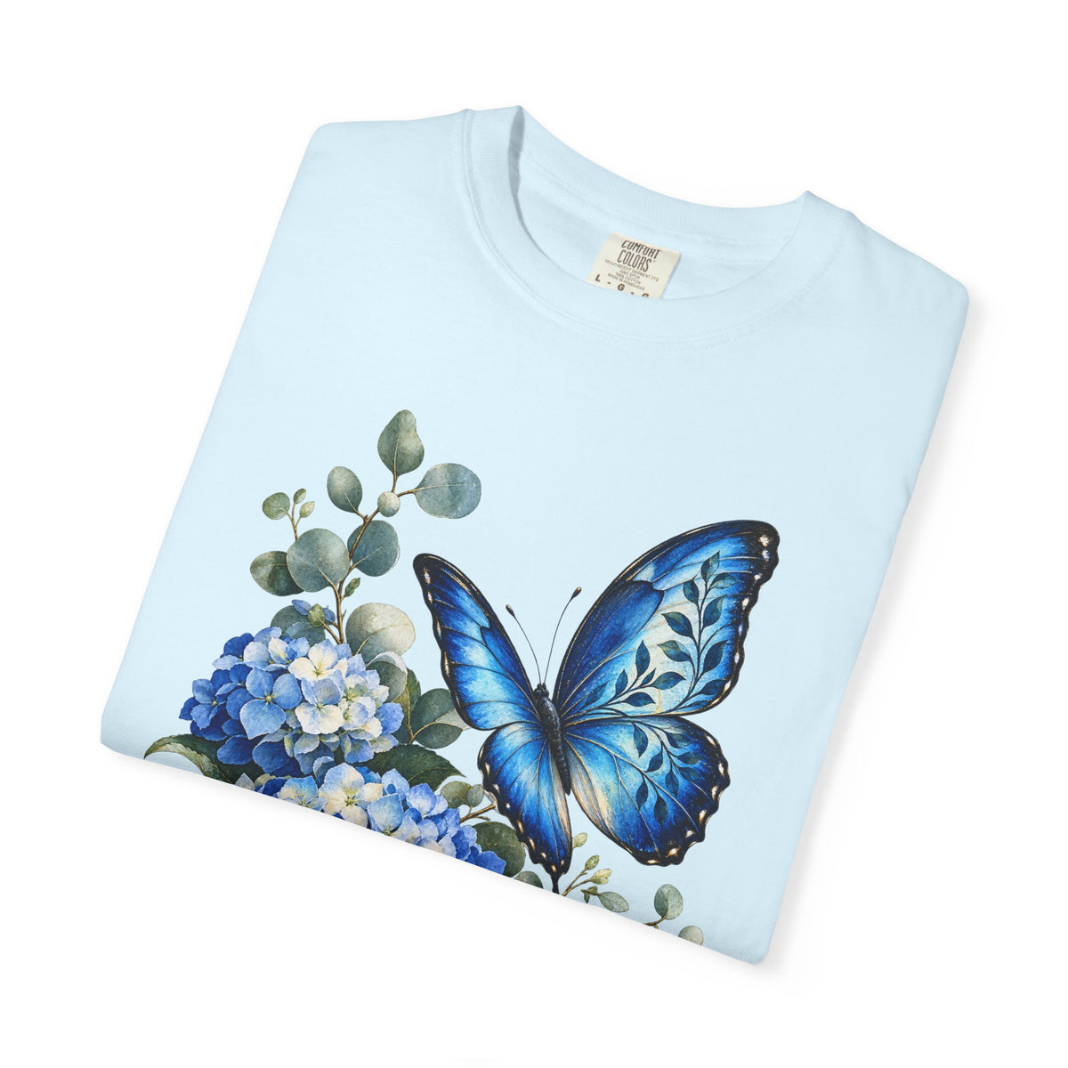 Blue Morpho & Hydrangea T-Shirt — Garment-Dyed Cotton
