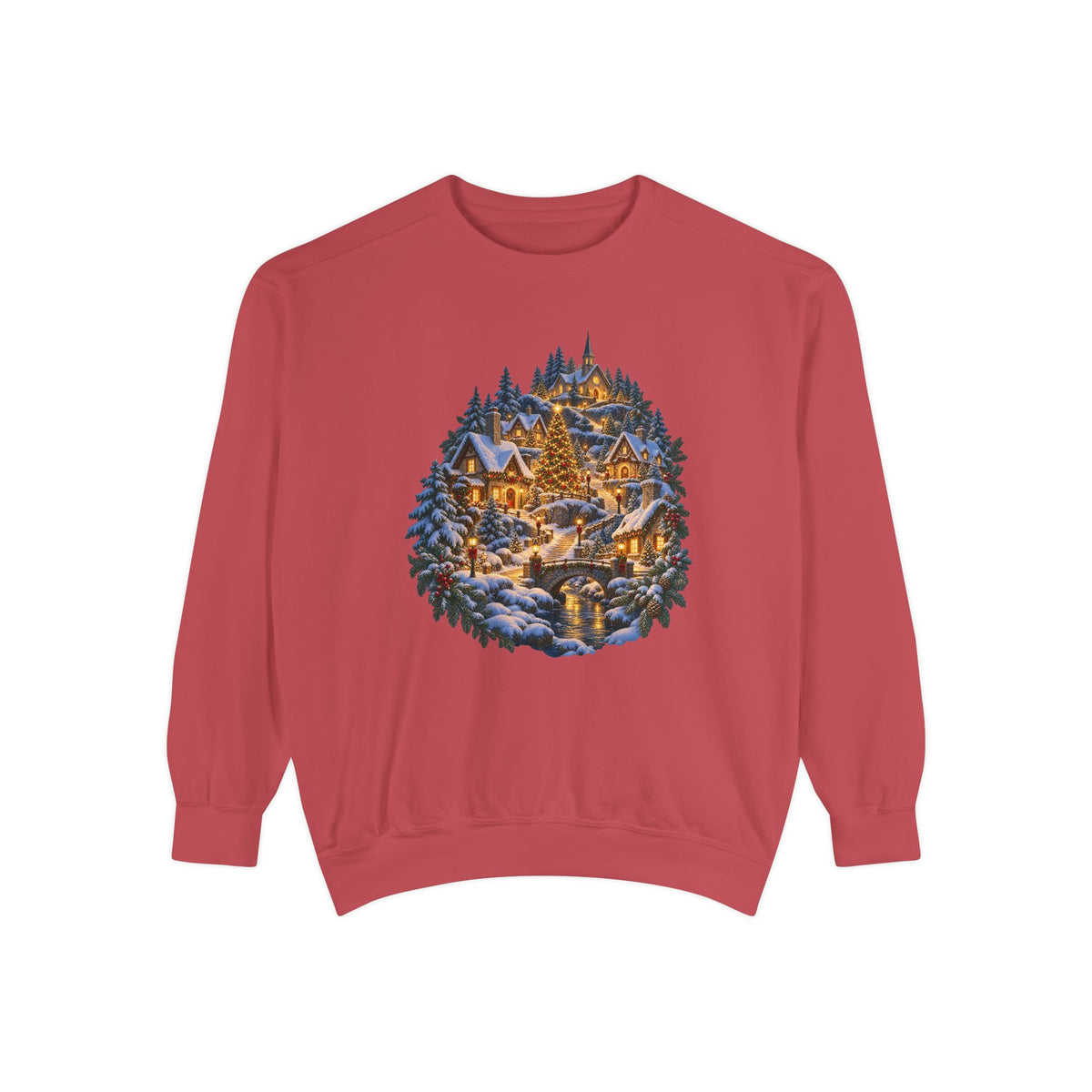 Small town Christmas sweatshirt in Crimson, a deep red garment-dyed Comfort Colors 1566 crewneck with a snowy hillside village and lit church