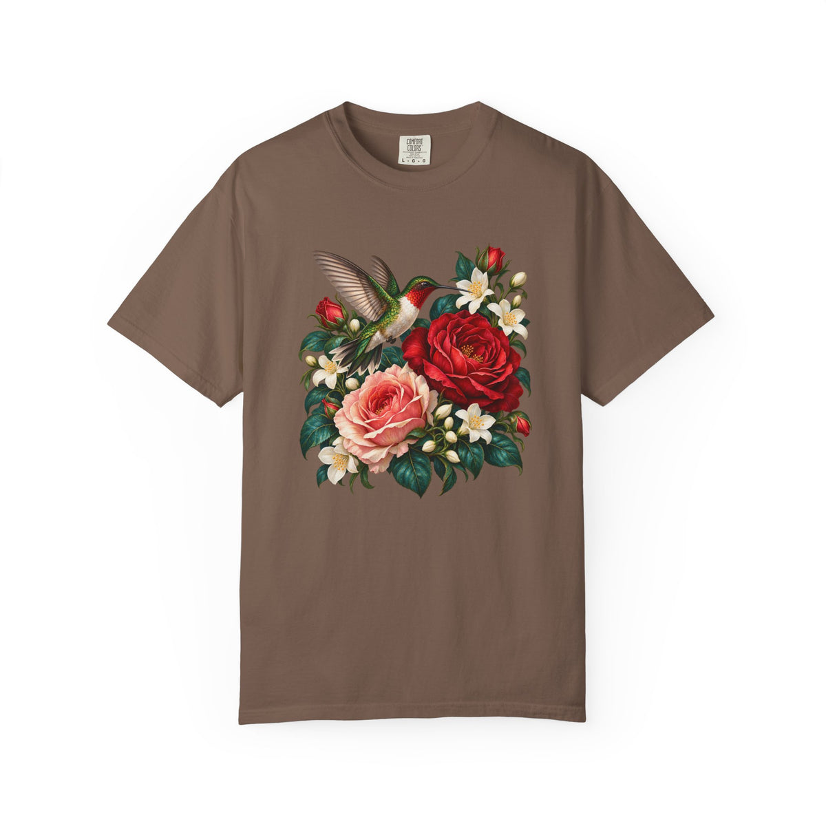 Ruby-throated hummingbird at roses and jasmine - vintage botanical illustration printed large and centered on the chest, not a back print