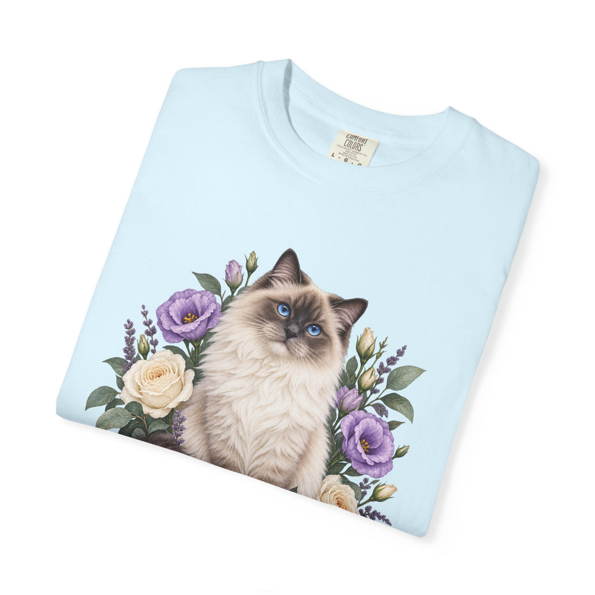 Cat Lover T-Shirt — Blue-Eyed Cat & Wildflowers