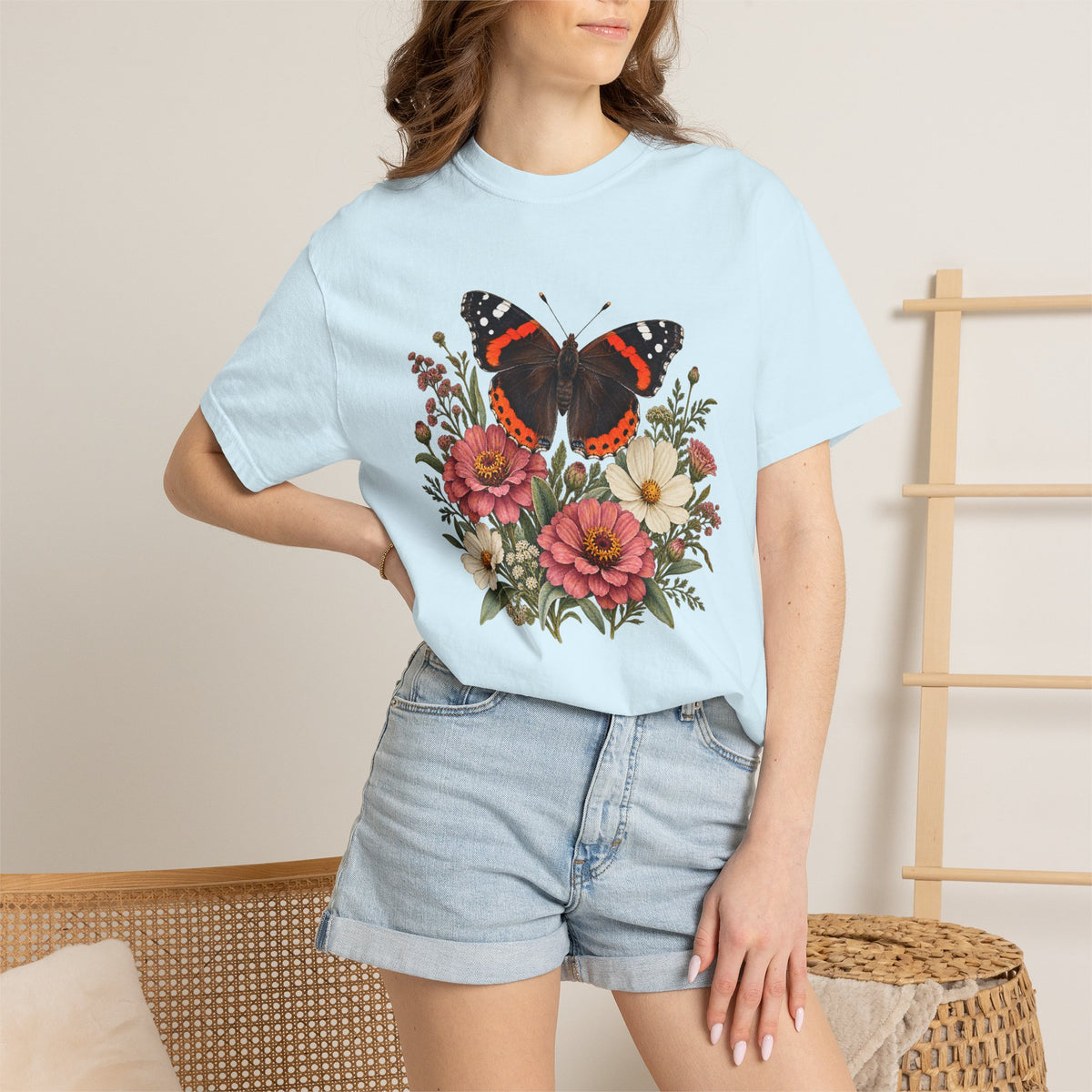 Red Admiral & Zinnia T-Shirt — Garment-Dyed Cotton