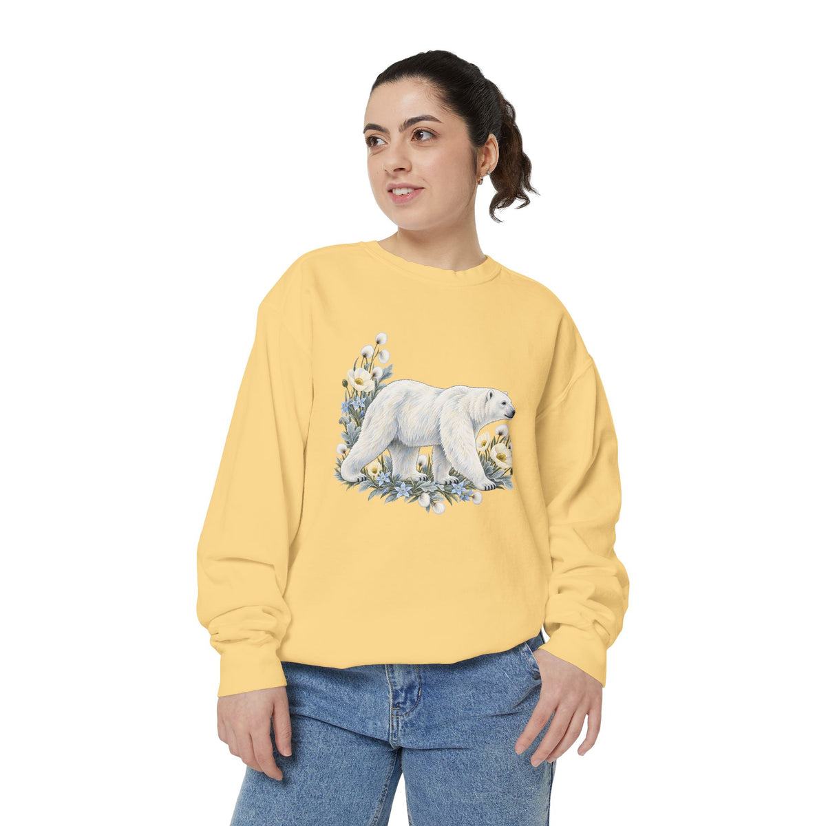 Polar Bear & Arctic Blooms Sweatshirt — Garment-Dyed Fleece