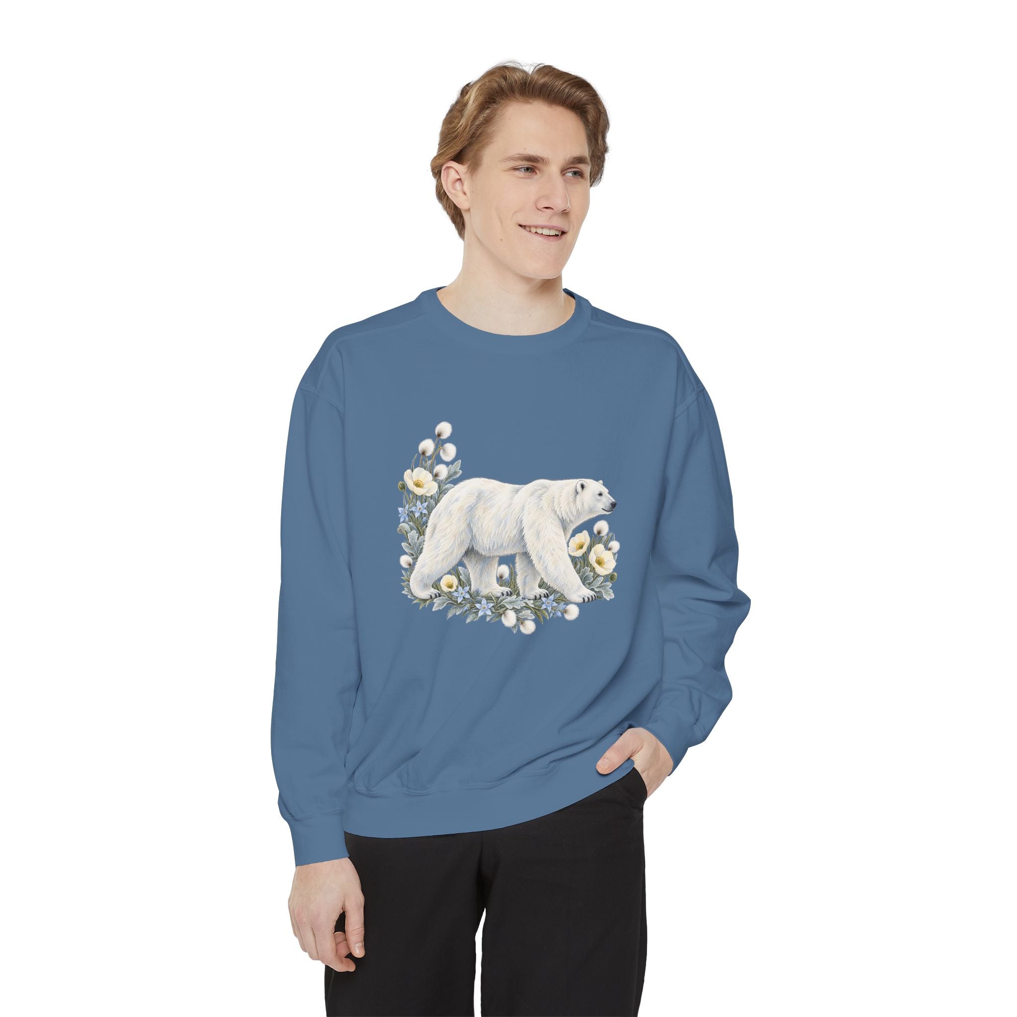 Polar Bear & Arctic Blooms Sweatshirt — Garment-Dyed Fleece