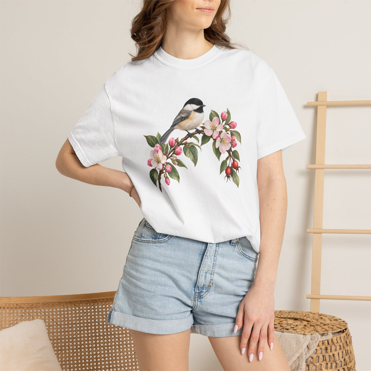 Chickadee & Apple Blossom T-Shirt — Garment-Dyed Cotton