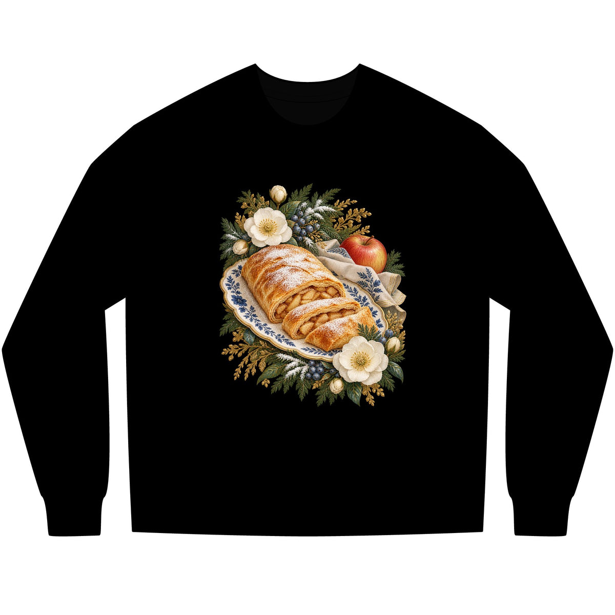 Apple strudel and winter florals design on a heavyweight Bella+Canvas 3511 long sleeve tee - a golden strudel on a blue-and-white floral plate with slices cut, cream flowers, blue berries and evergreen