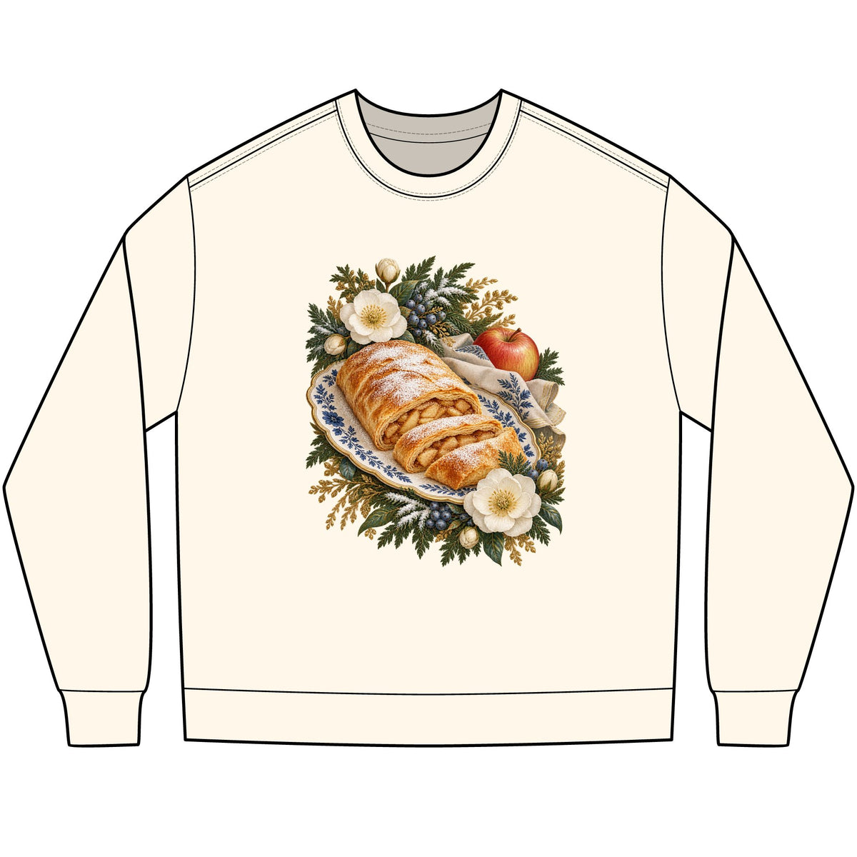 Apple strudel and winter botanical design on a side-seamed heavyweight long sleeve tee with ribbed cuffs, printed flat with no embroidery