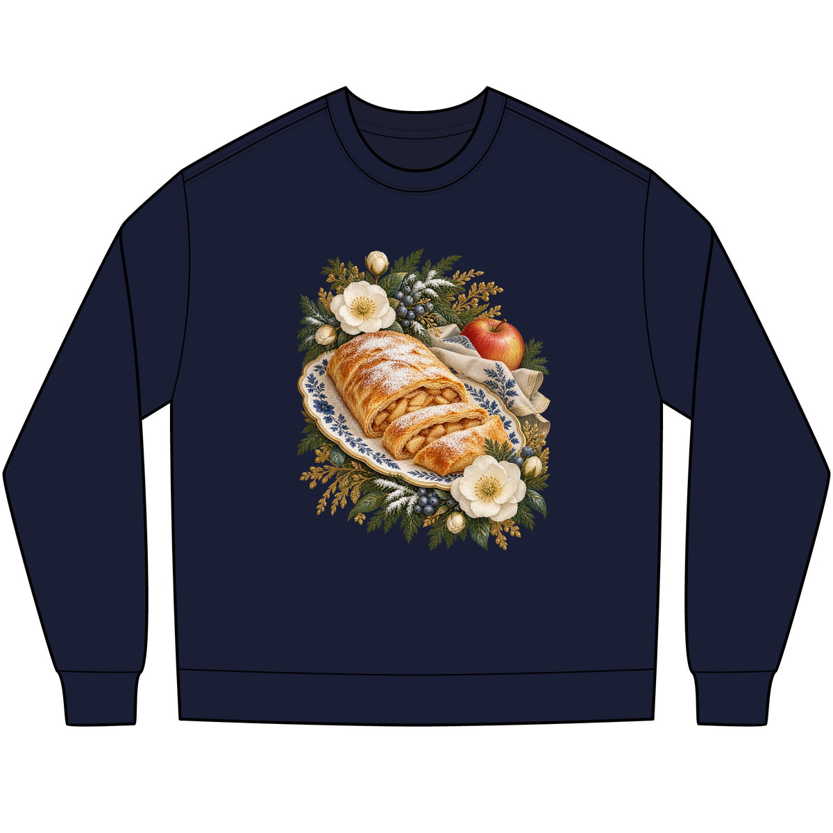Apple strudel with two slices cut, a red apple and a folded cream cloth behind, on a relaxed boxy unisex long sleeve tee in adult sizes S to 2XL