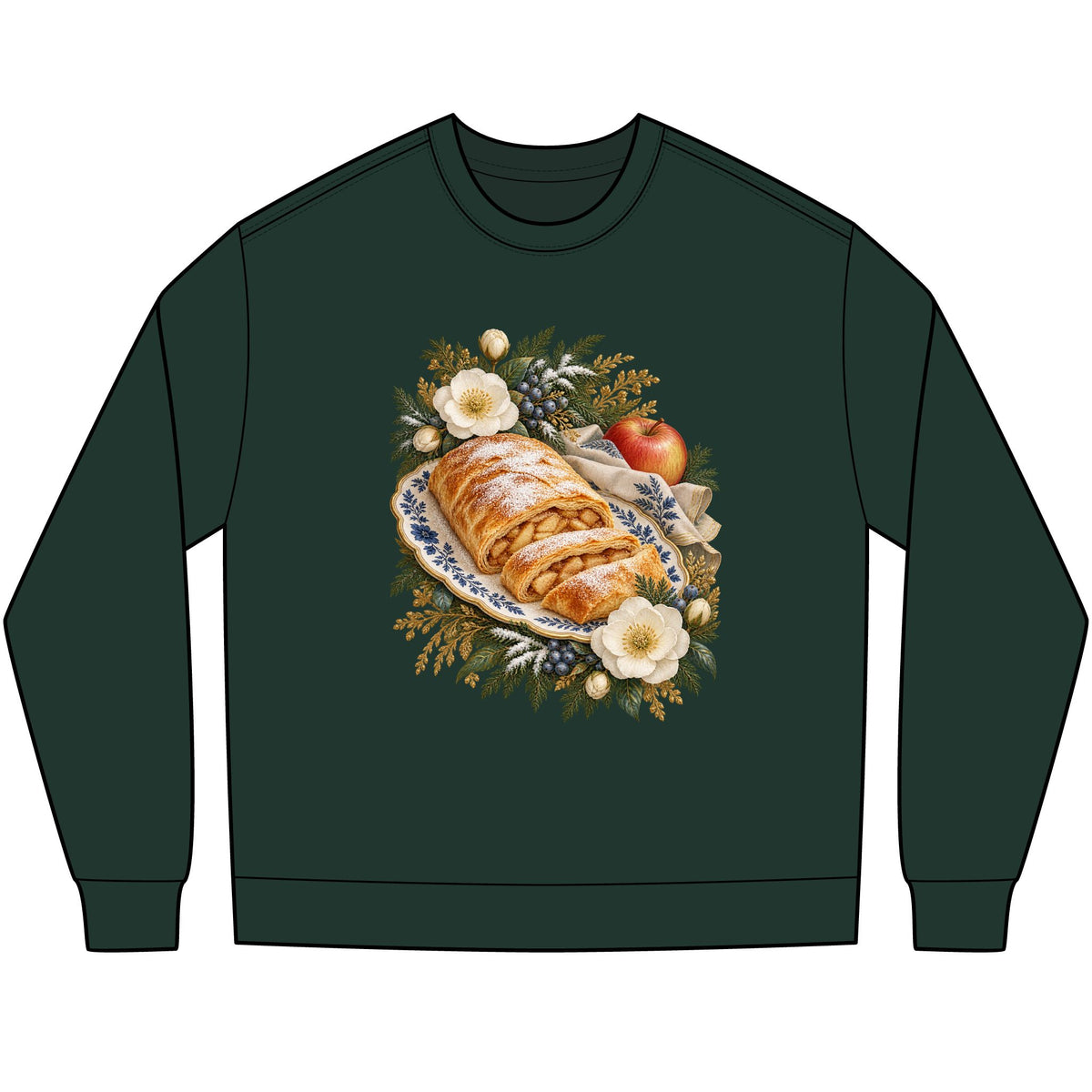 Winter still life of apple strudel, cream flowers, blue berries and snow-dusted evergreen, printed not embroidered on a 6 oz Airlume cotton long sleeve