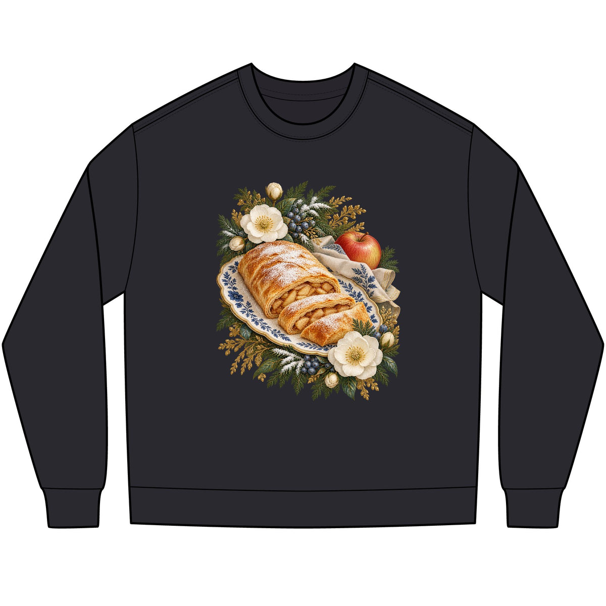 Golden apple strudel dusted with powdered sugar on a blue-and-white floral plate, printed large and centered on the chest of a long sleeve tee