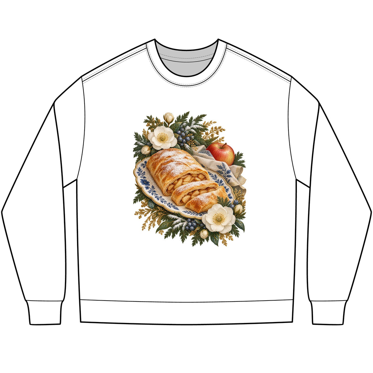 Vintage botanical still life of a sliced apple strudel on a blue floral plate, a large front-centered print with no text, on a heavyweight jersey long sleeve