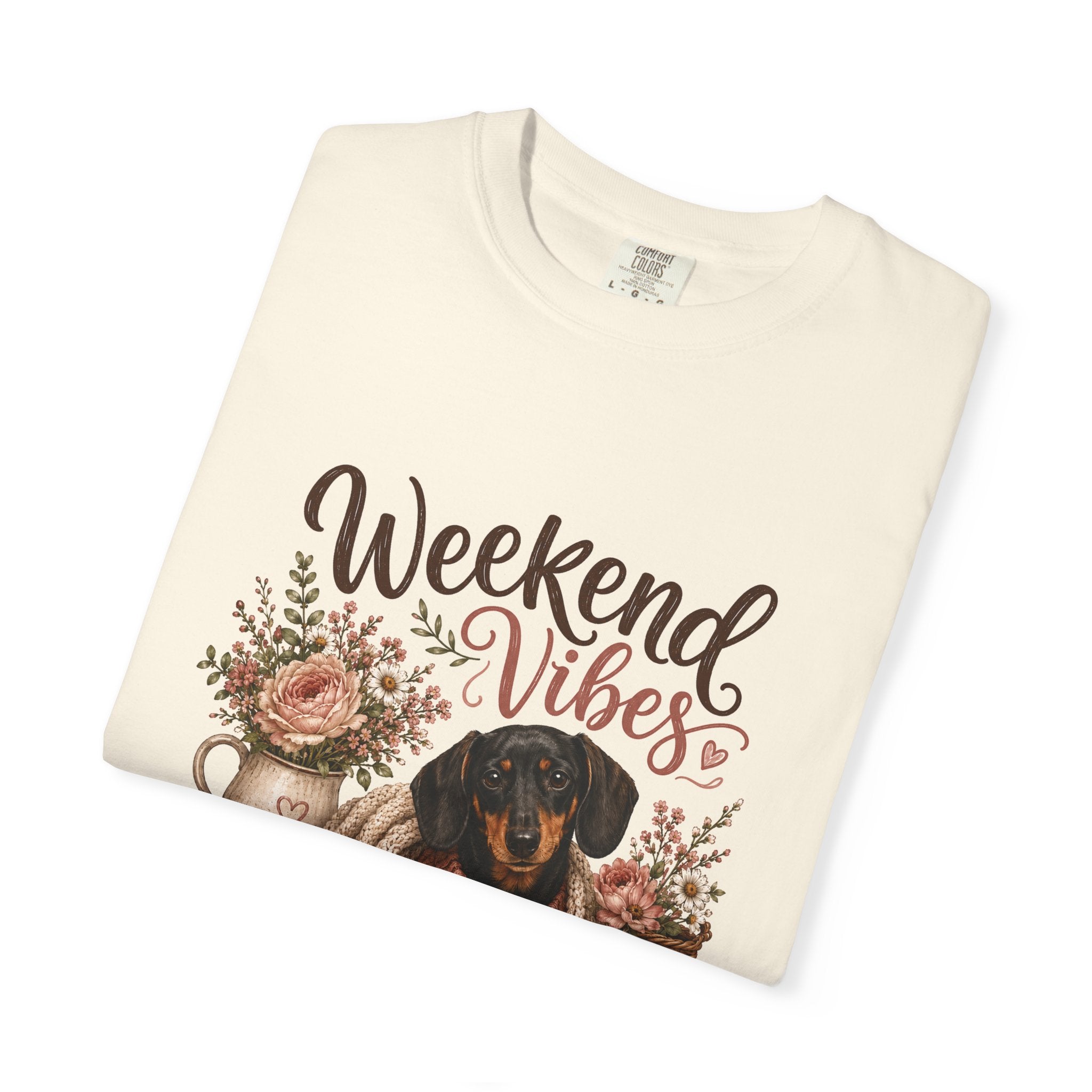 Weekend Vibes Dachshund Comfort Colors Shirt, Coffee Flowers Doxie Tee, Dachshund Mom Gift, Cozy Dog Shirt, Dog Lover Gift Her
