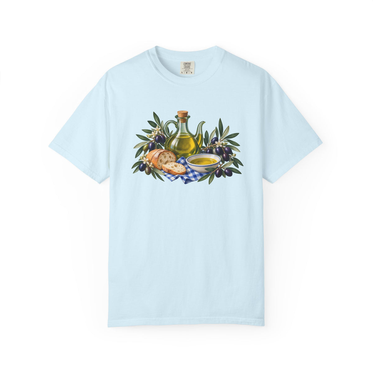 Pass the Bread tee in Chambray, a cruet of olive oil with rustic bread, olives and blue gingham cloth