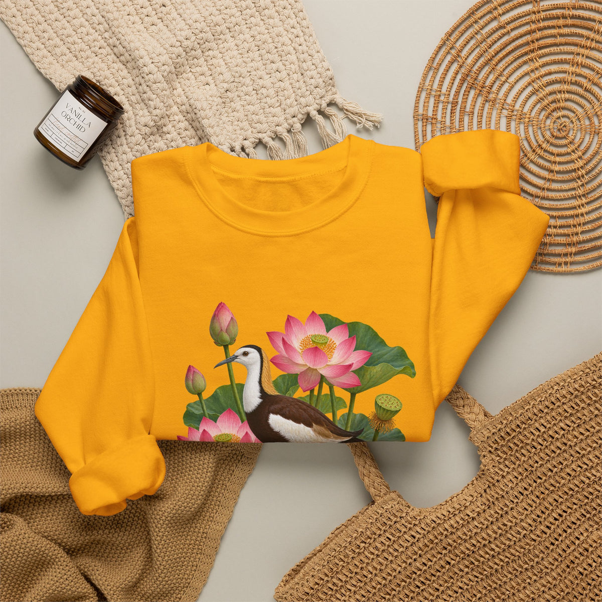 Lightly, She Goes crewneck sweatshirt, a long-tailed waterbird among pink lotus blossoms, buds, seed pods and broad green leaves, image 11 of 28
