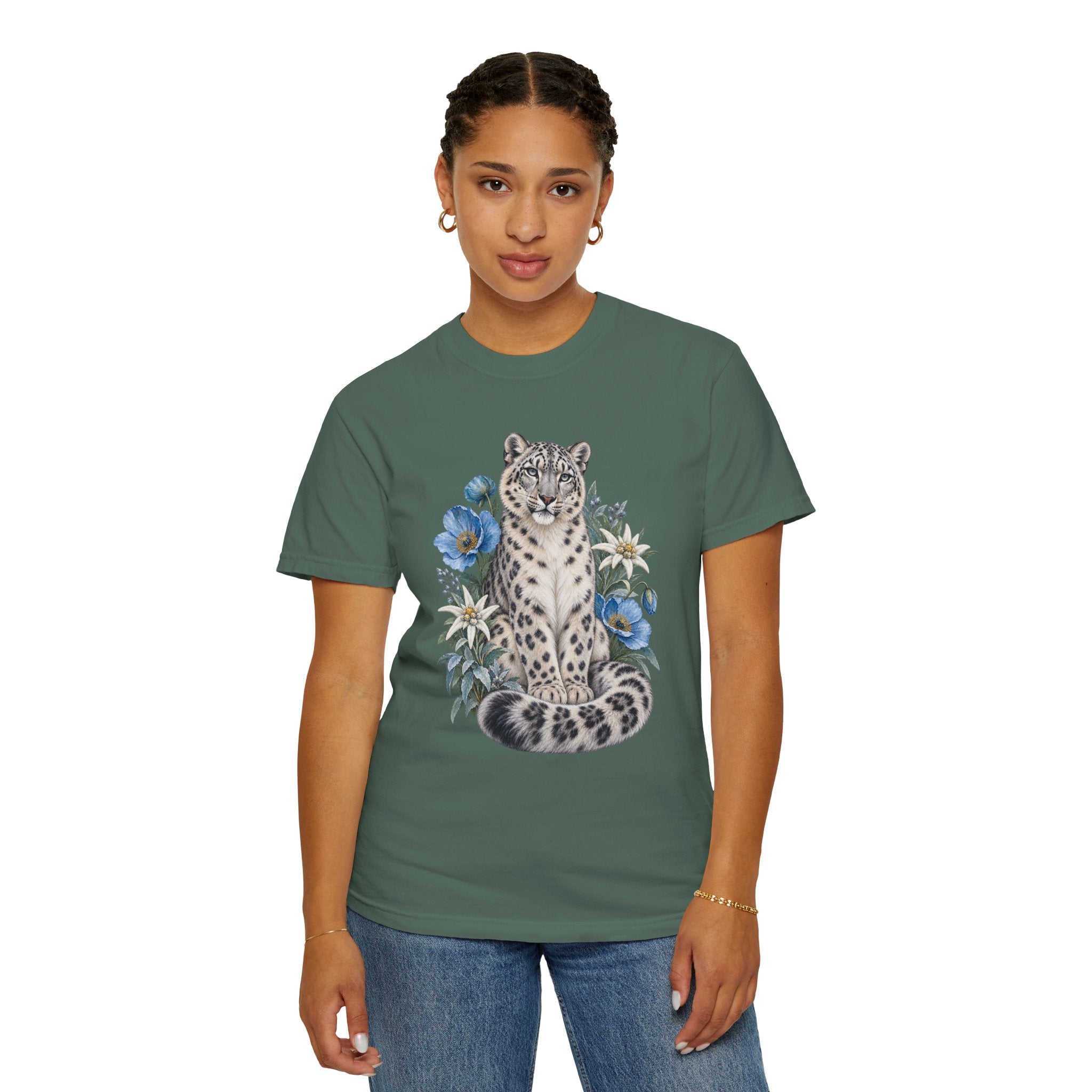 Snow Leopard & Blue Poppy T-Shirt — artwork detail on garment-dyed cotton