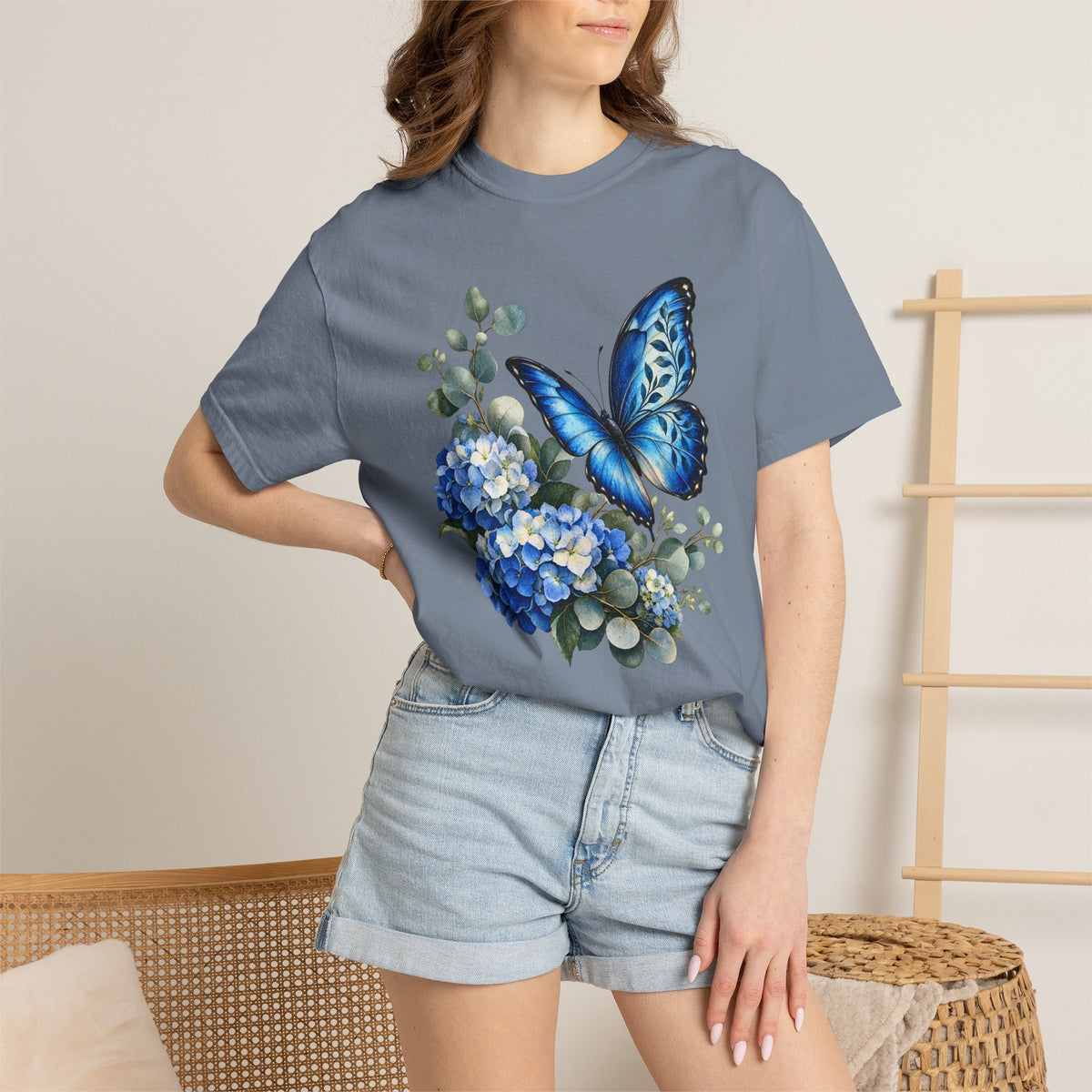 Blue Morpho & Hydrangea T-Shirt — Garment-Dyed Cotton