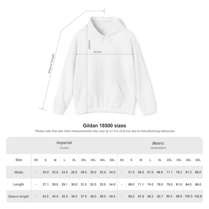Gildan 18500 hoodie size chart showing width, length, and sleeve length across sizes in inches and centimeters